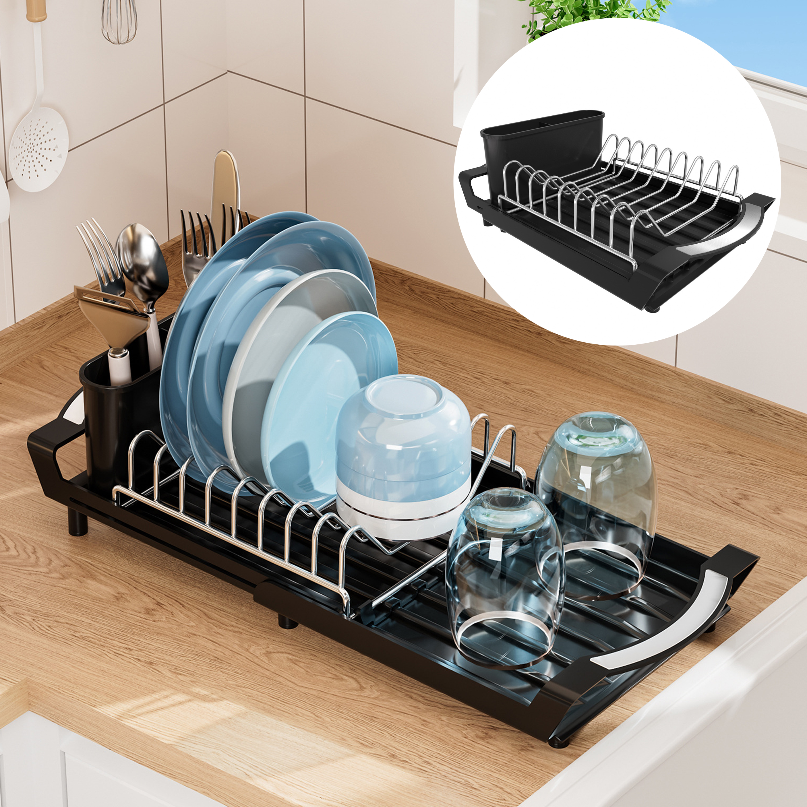 Stainless Steel Dish Drying Rack with Utensil Holder