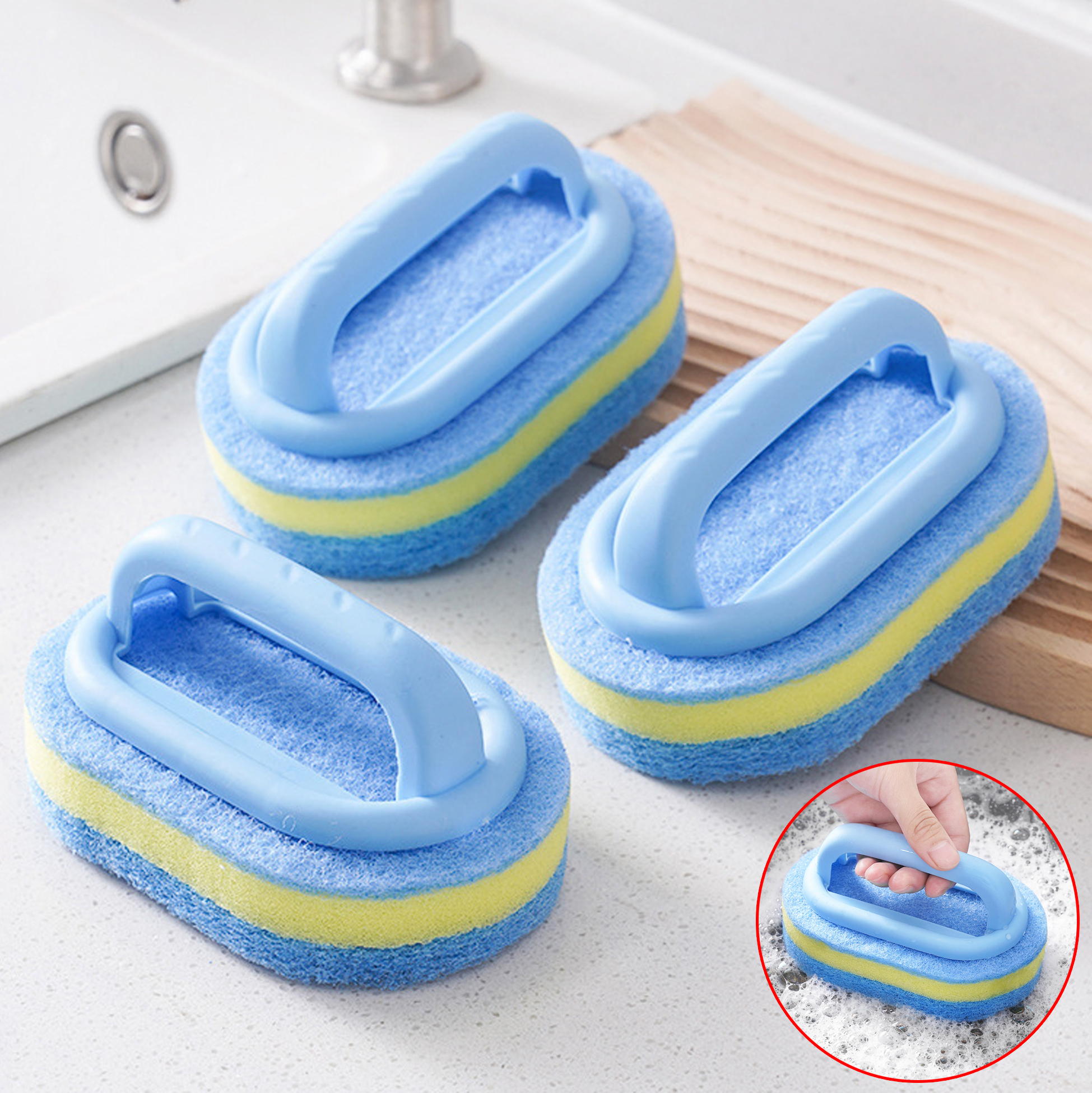 Ergonomic Handle Sponge Scrubber for Kitchen