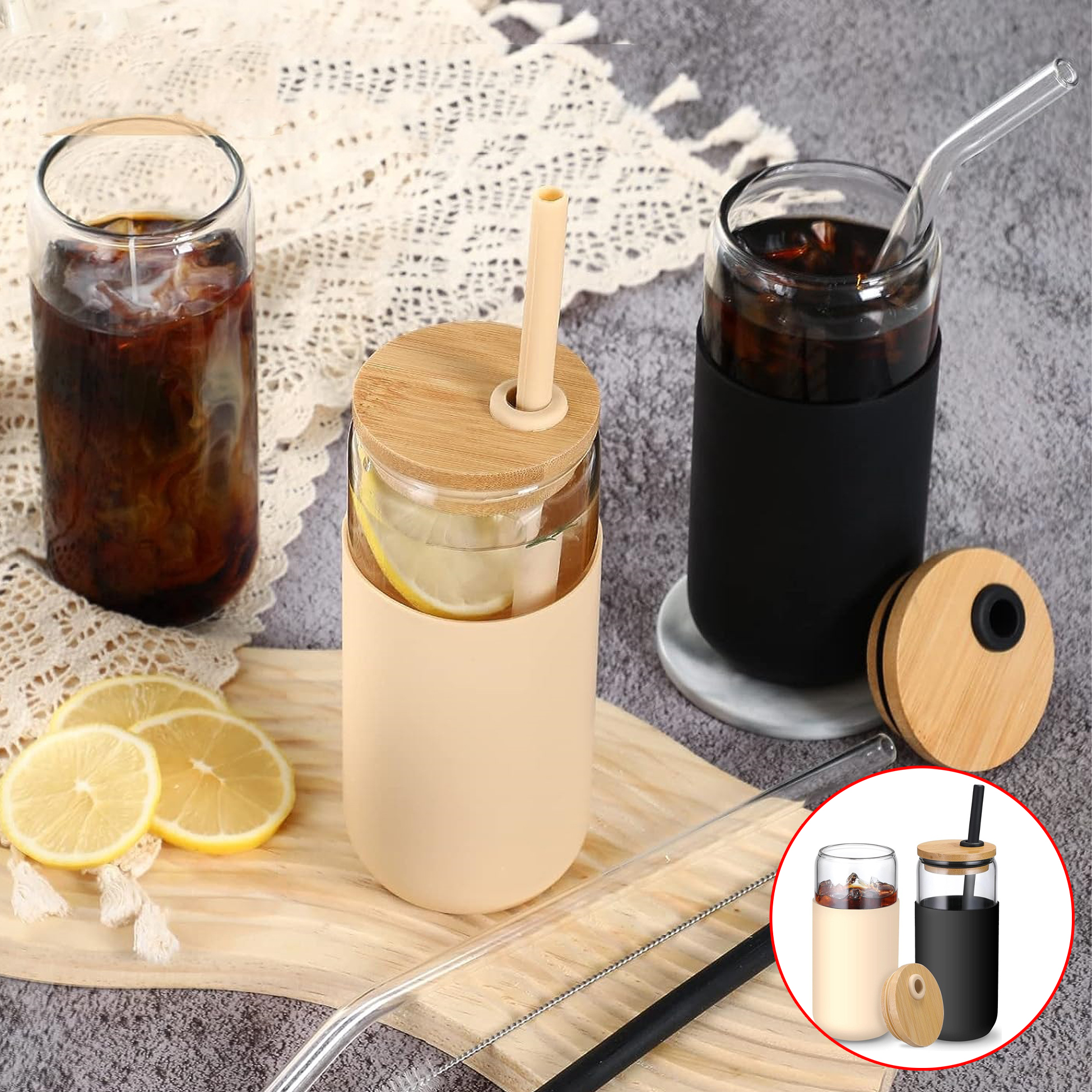 Glass Tumbler with Bamboo Lid and Silicone Sleeve