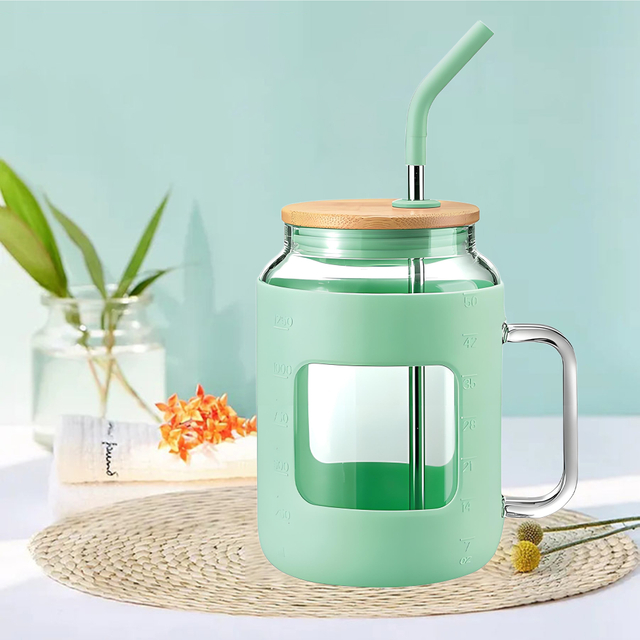 1200ML Glass Drinking Mug with Straw and Silicone Sleeve