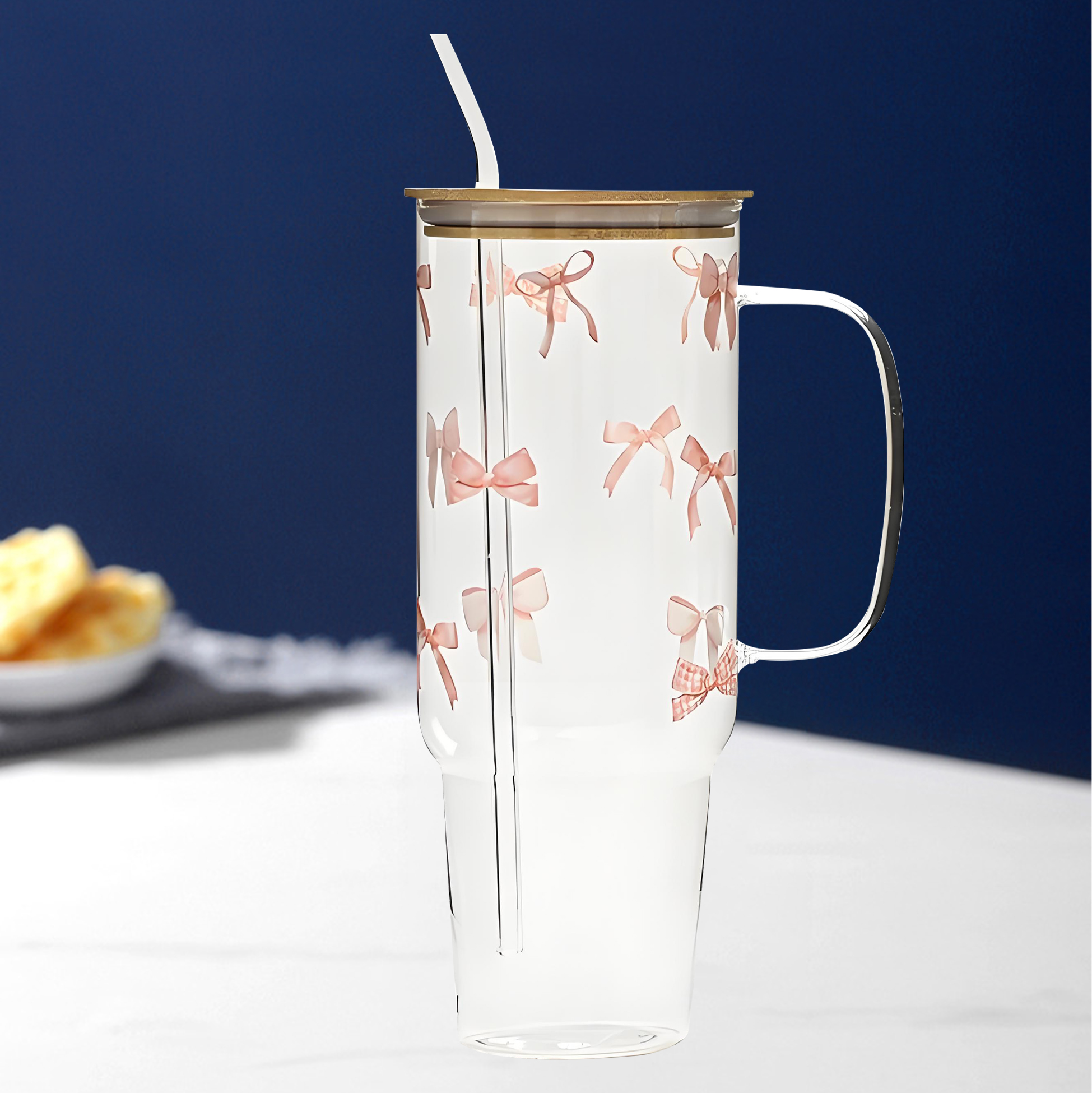 Bow - Patterned Glass Tumbler with Lid and Straw