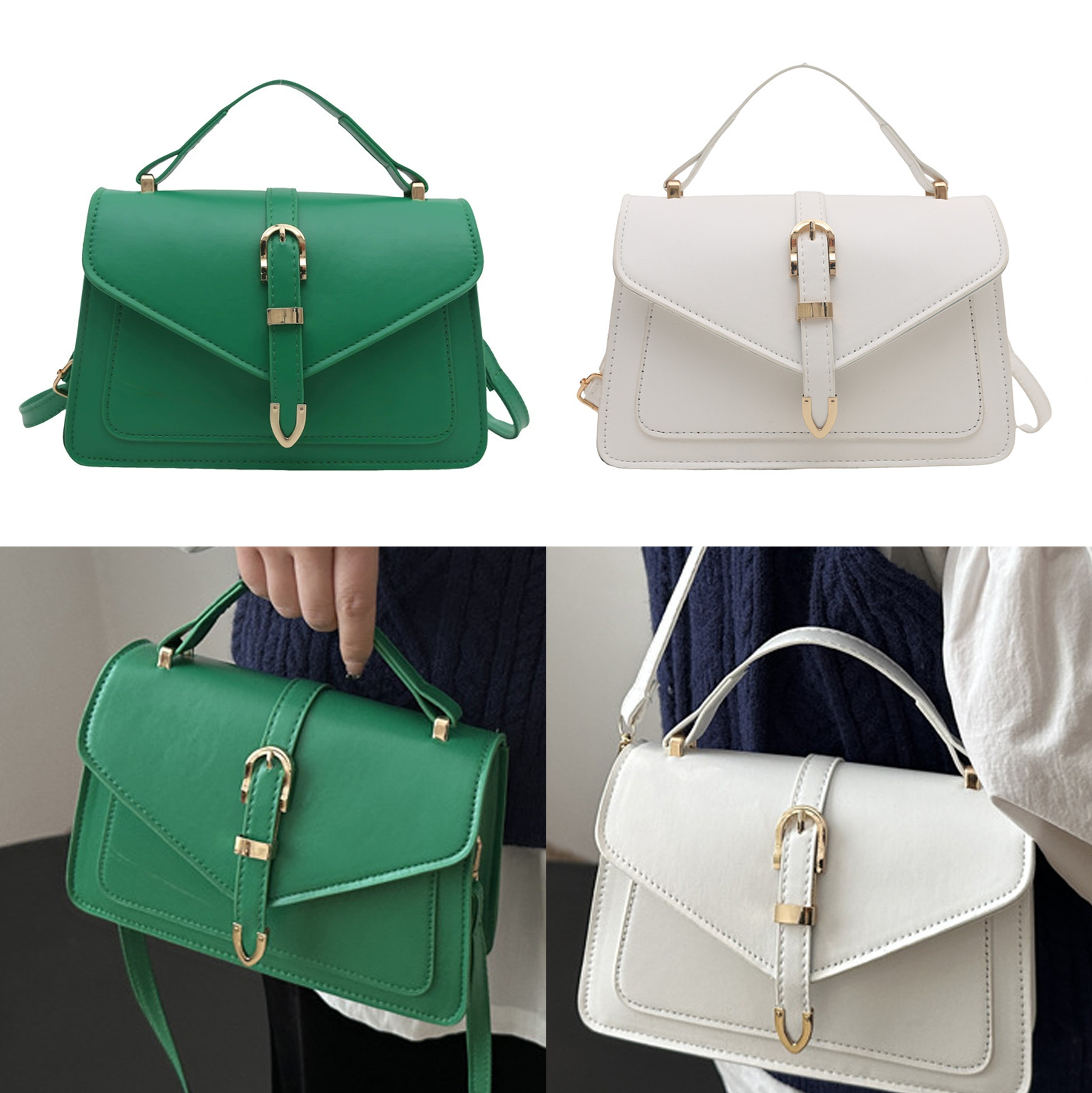White Faux Leather Flap Shoulder Bag with Gold Buckle