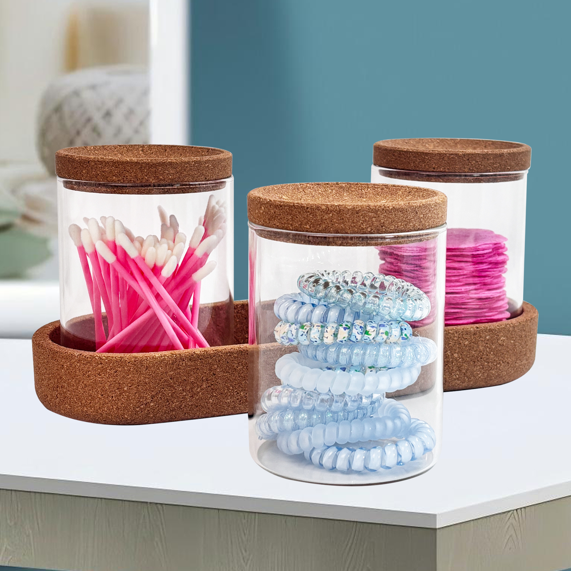 Glass Qtip Holder Vanity Storage Canister Set with Cork Lids