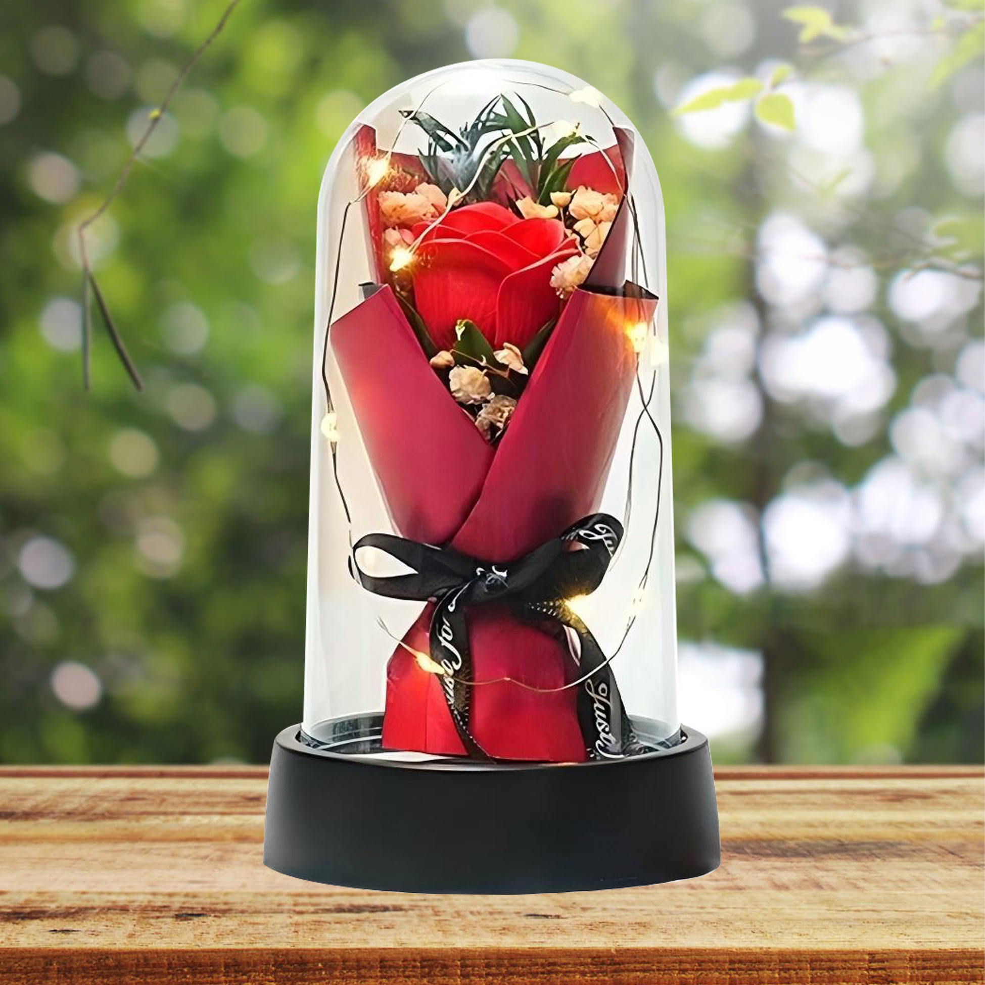 Preserved Rose in Glass Dome with LED Lights