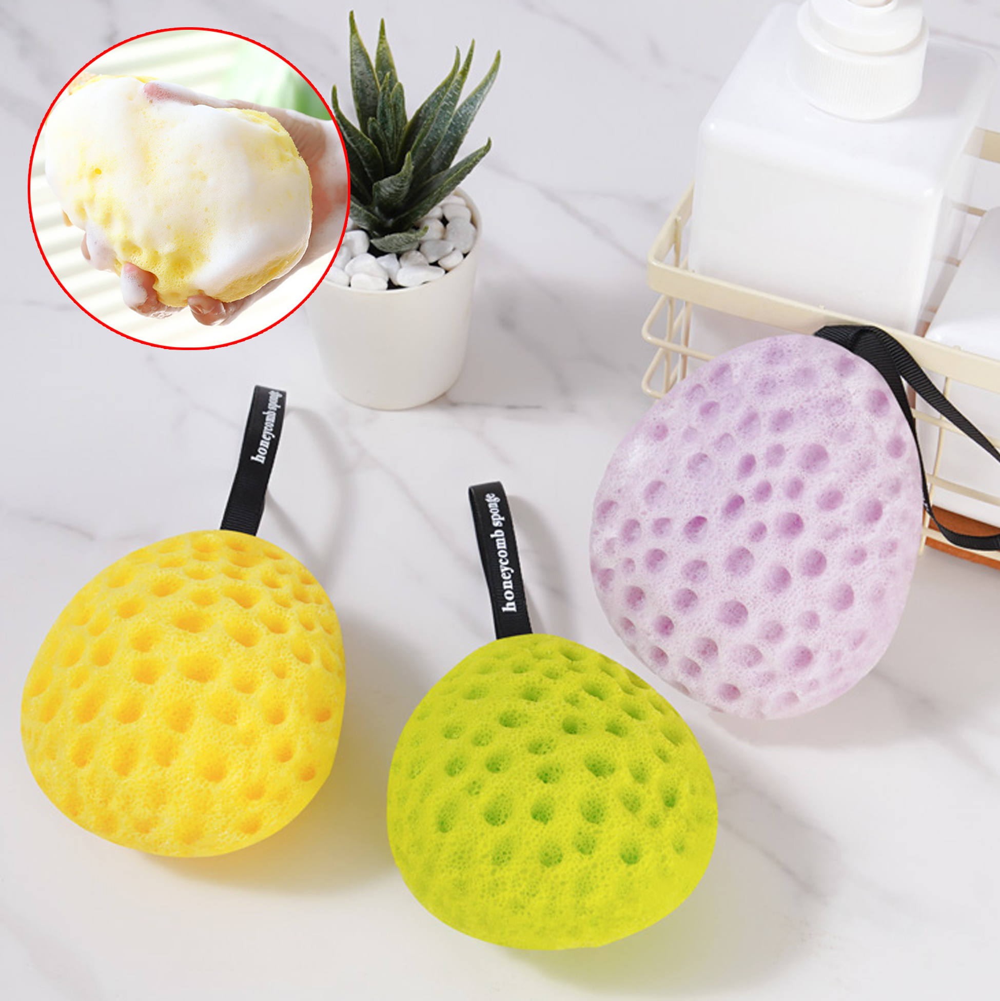 Yellow Oval Foam Loofah Sponge with Hanging Strap