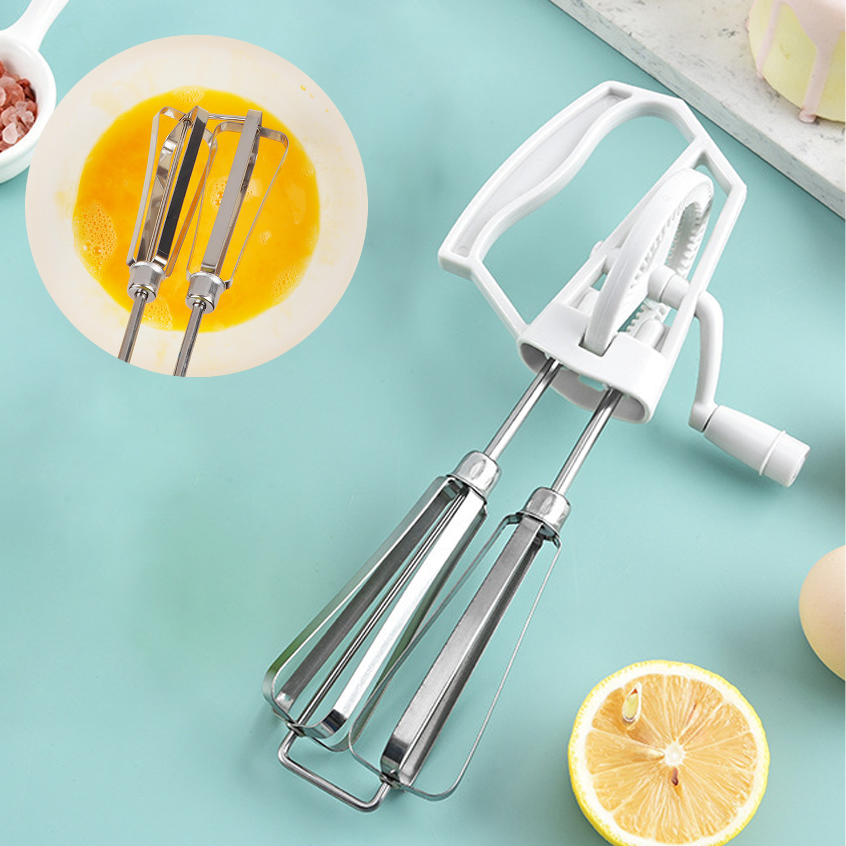 Manual Hand-Crank Egg Beater with Stainless Steel Whisks