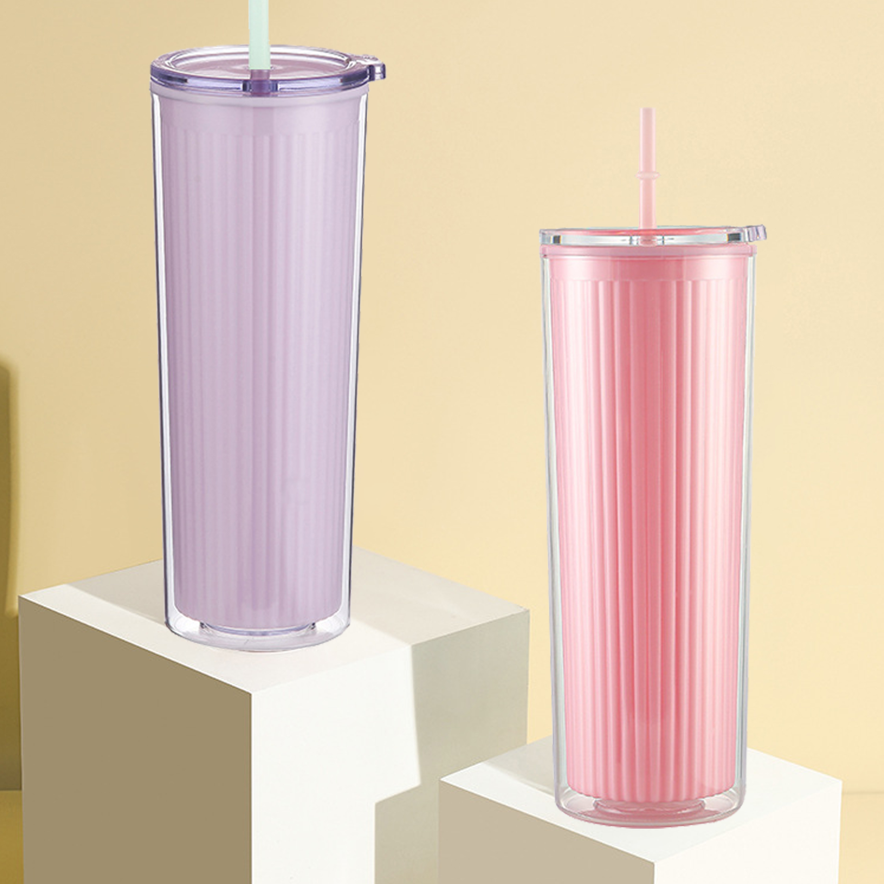 4-Piece Set 750ml Double-Walled Plastic Straw Cup