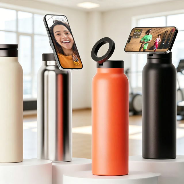 24oz Insulated Stainless Steel Water Bottle with Magnetic Phone Holder Lid