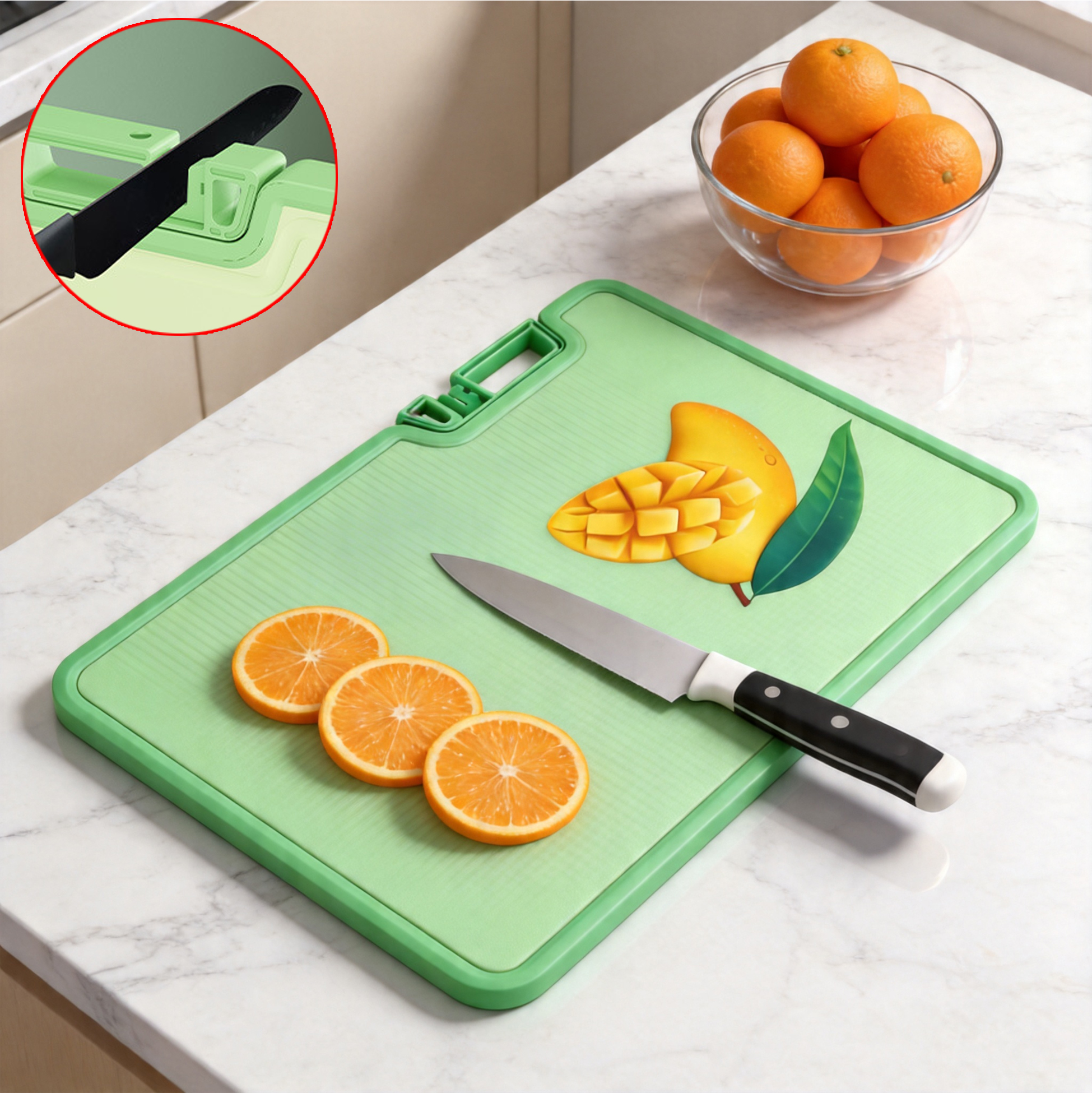 Dual-Sided Plastic Cutting Board with Built-in Knife Sharpener & Garlic Grinder