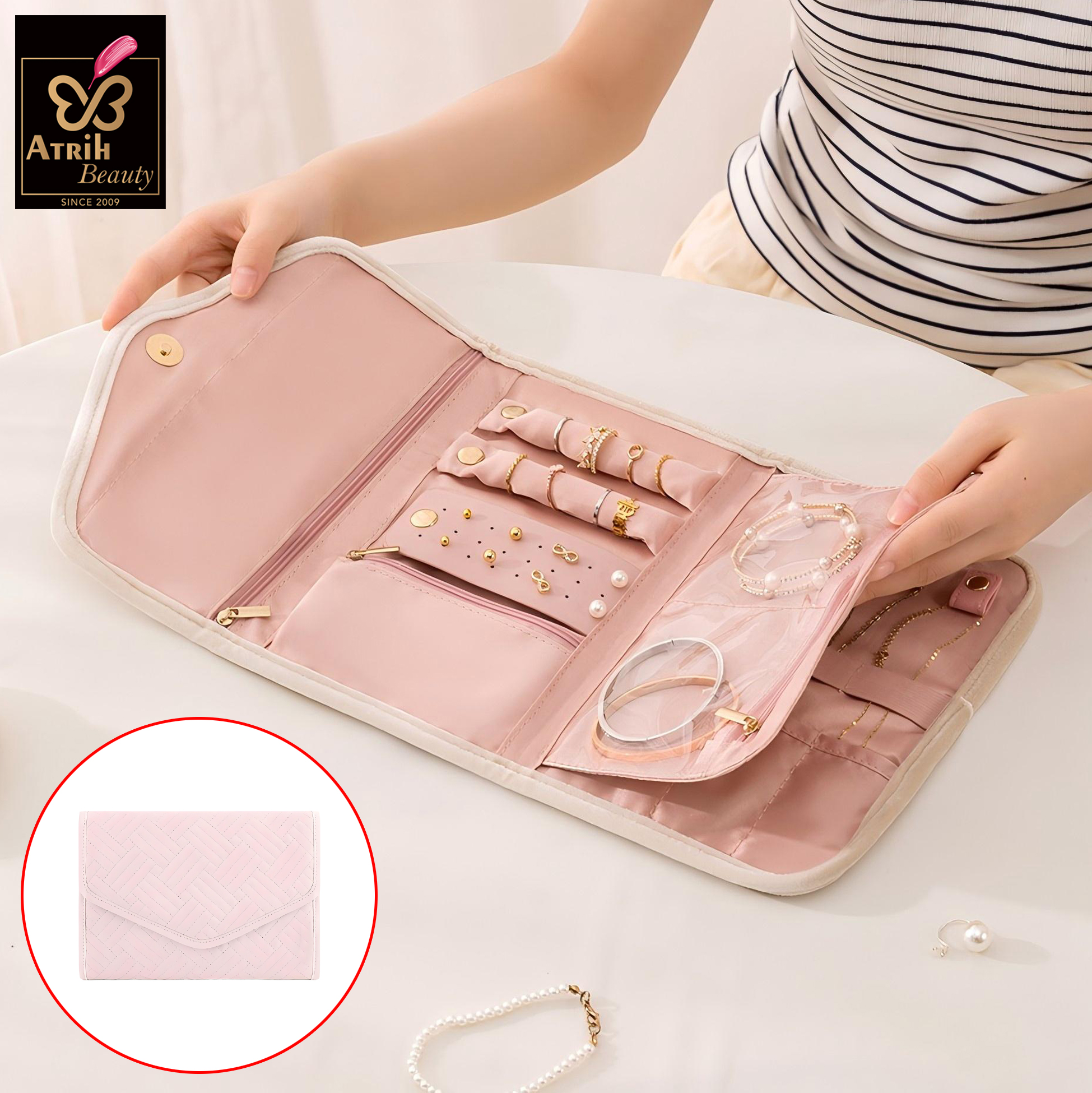 Pink Polyester Jewelry Organizer Wallet