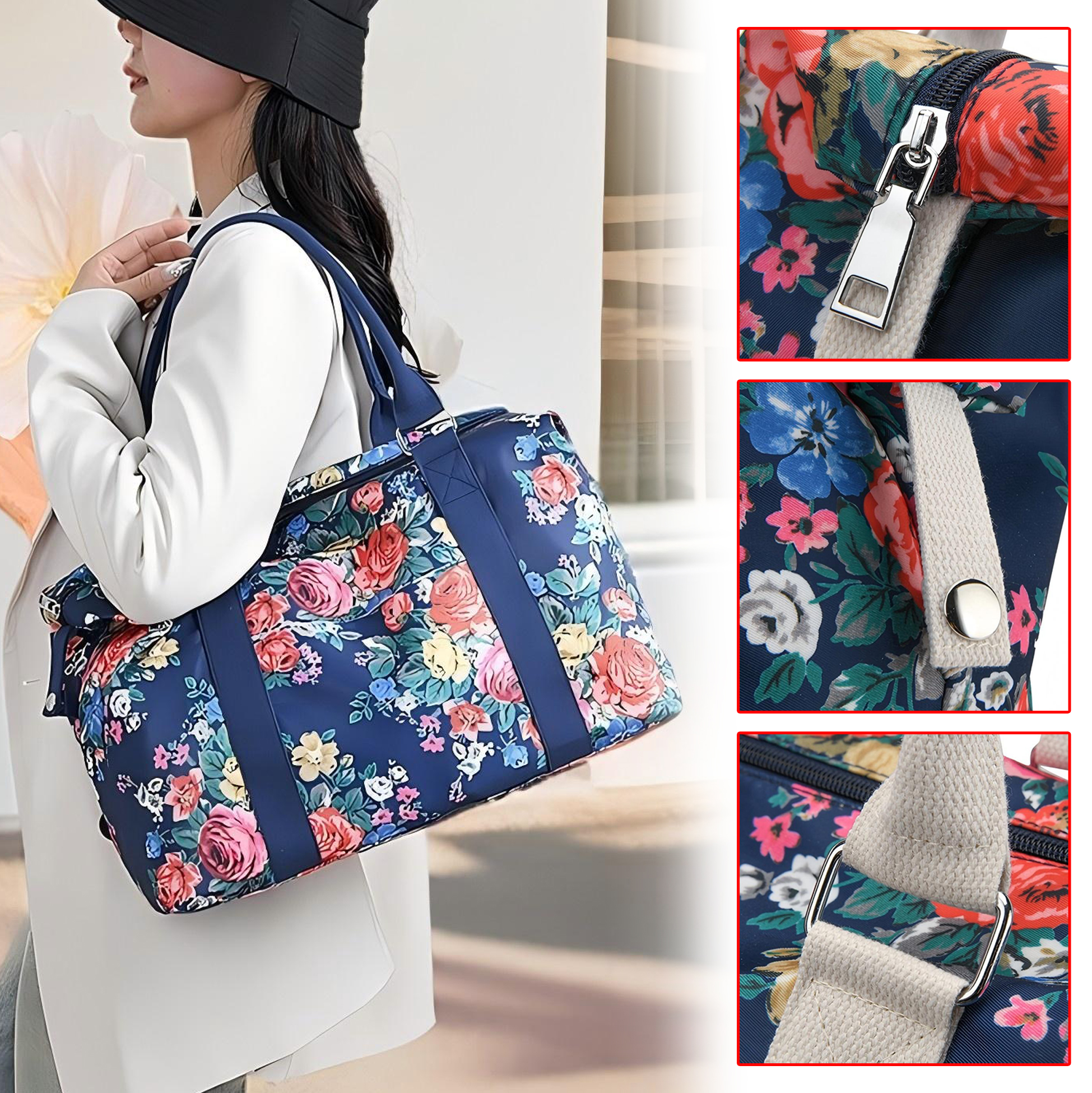 Floral Print Nylon Tote Bag