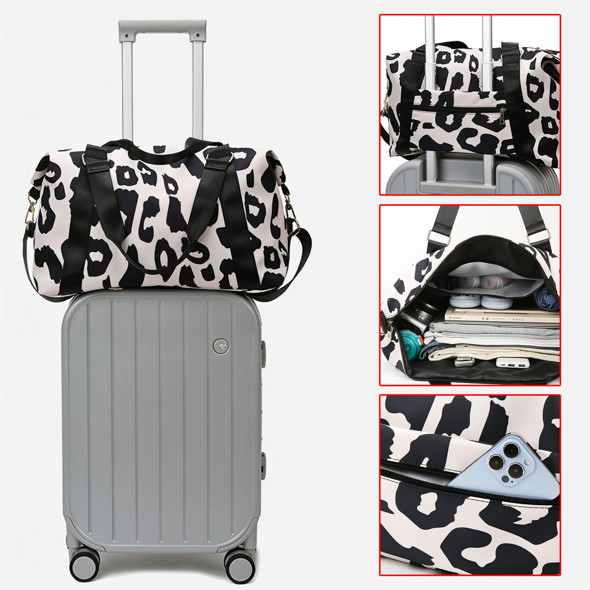 Black & White Leopard Print Duffel Bag