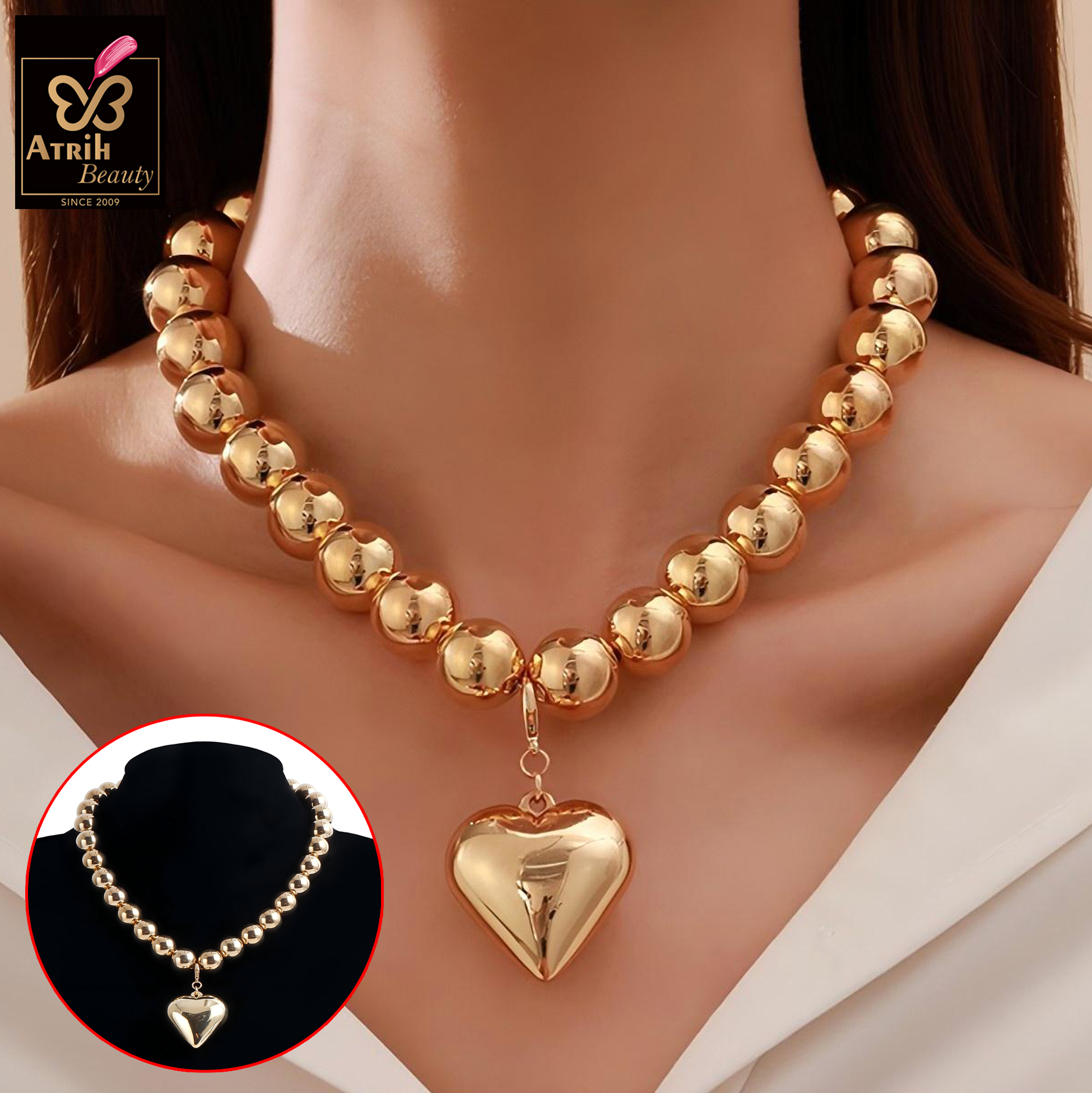 Gold Tone Beaded Choker Necklace with Heart Pendant