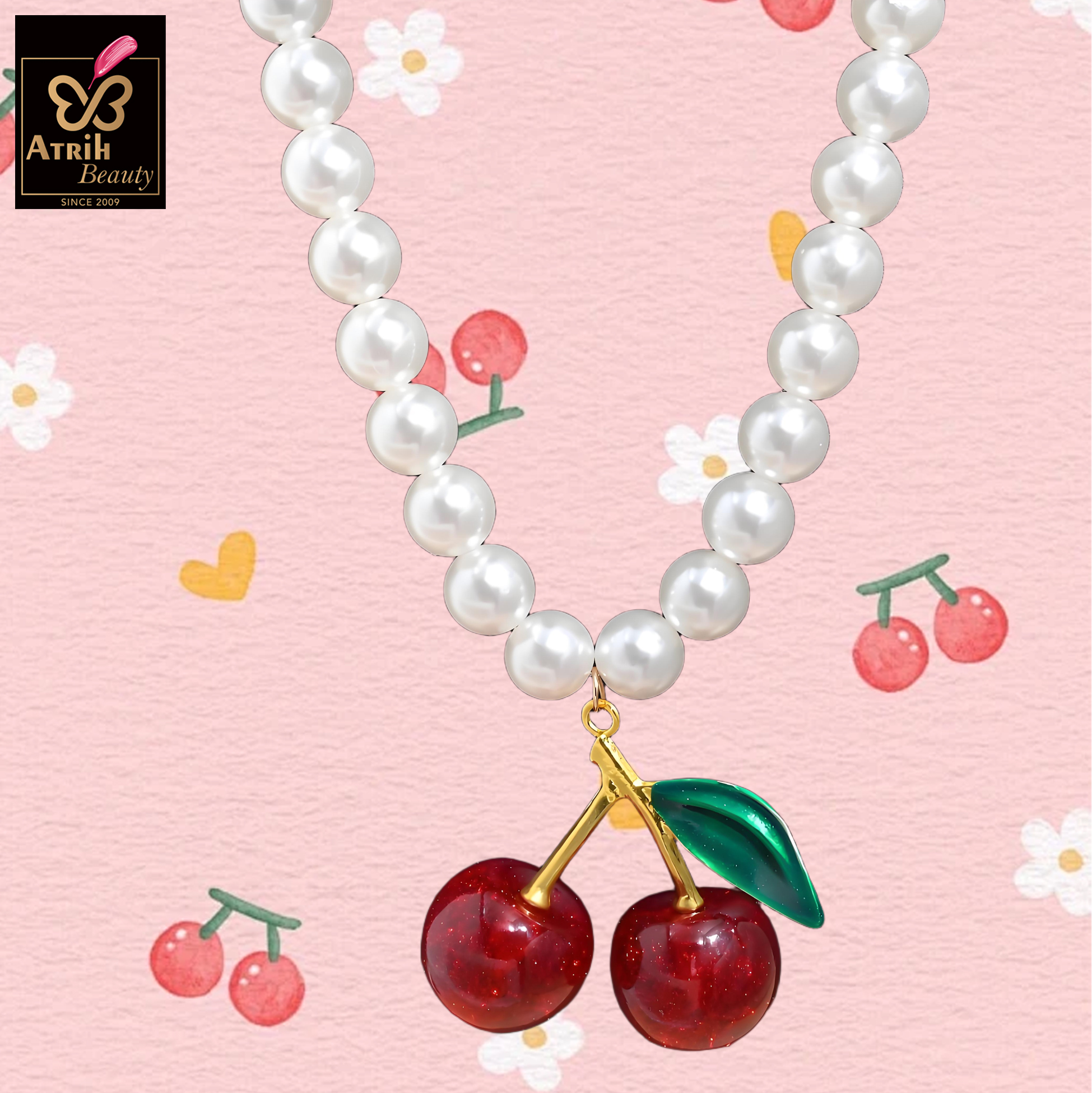 Pearl Necklace with Cherry Pendant Vintage Inspired Jewelry