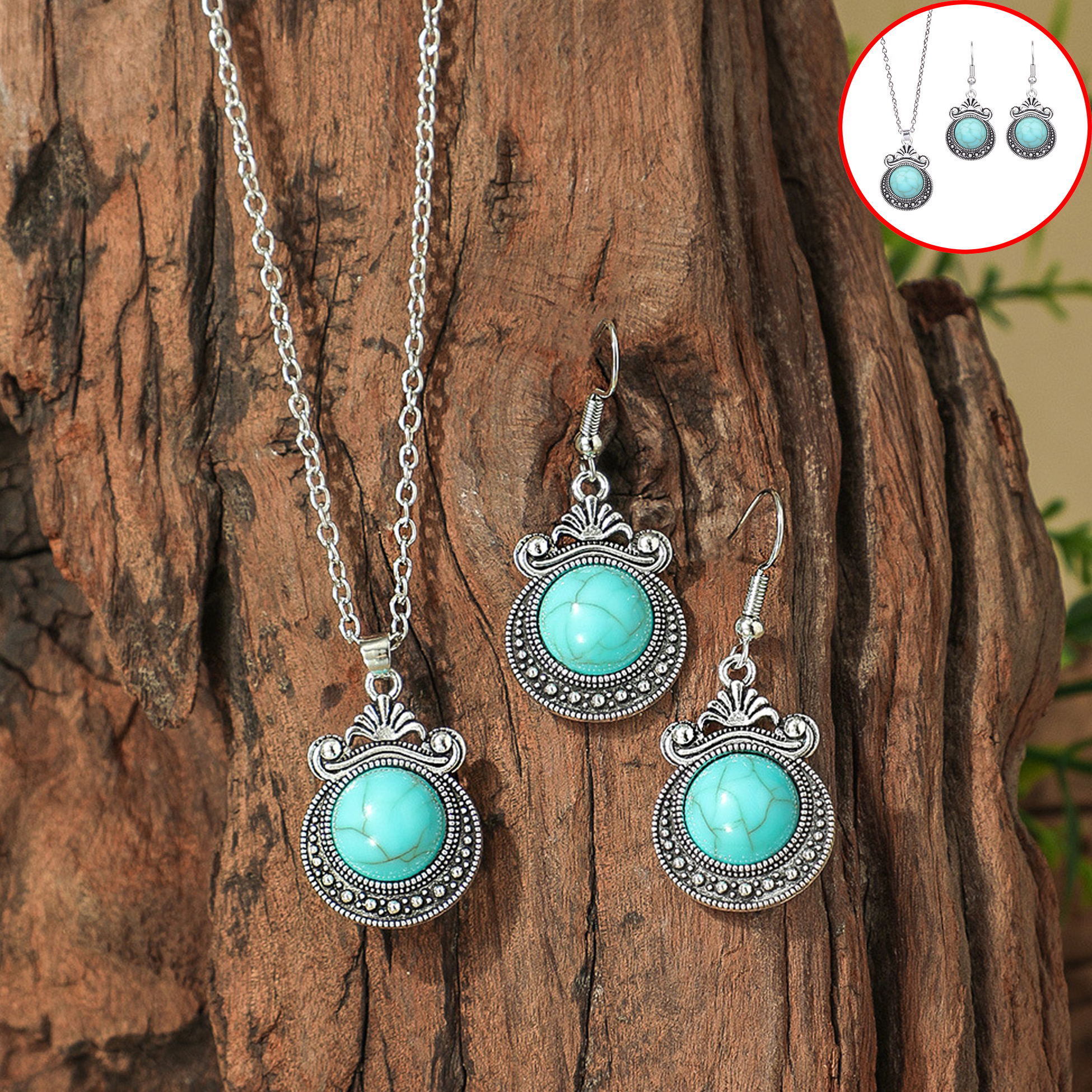 Turquoise - Adorned Silver-Toned Jewelry Set