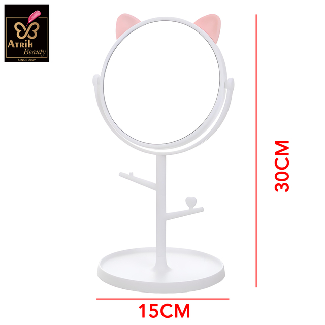Pink Cat Inspired Desktop Makeup Mirror with Storage Hooks
