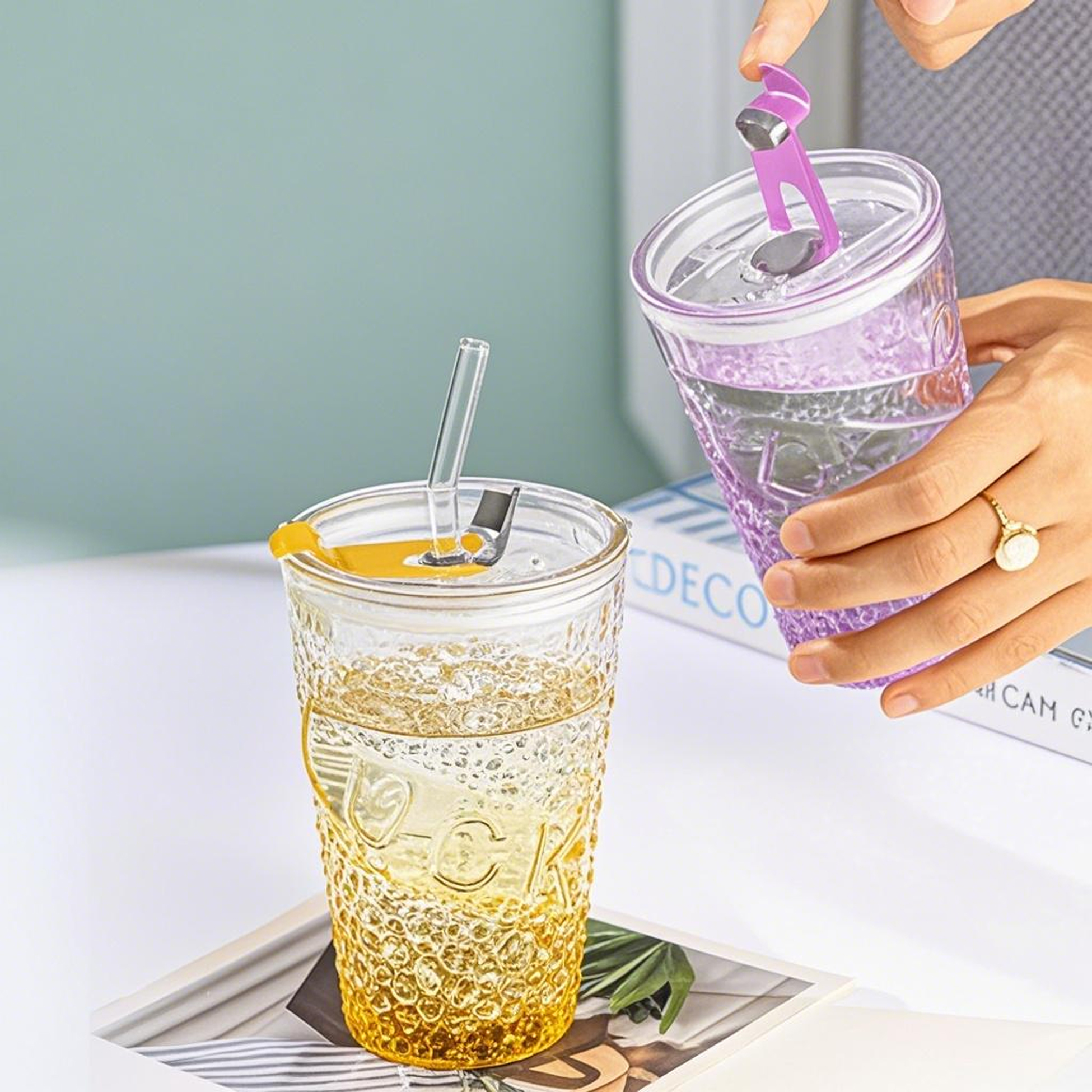 460ML Glass Cups with Straw and Lid