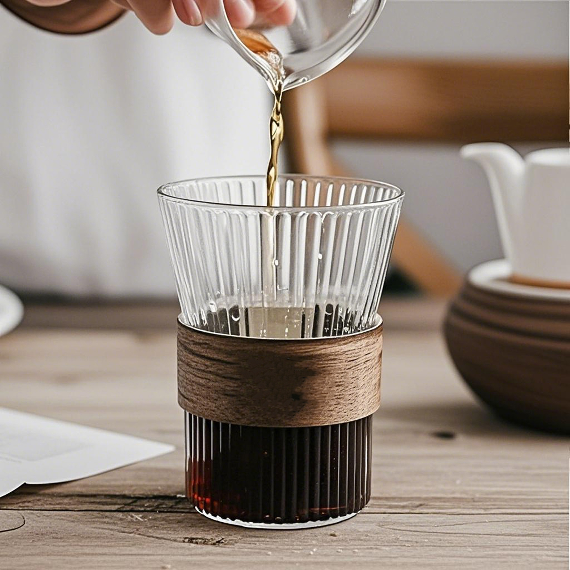 400ML Ribbed Glass Cup with Wooden Band
