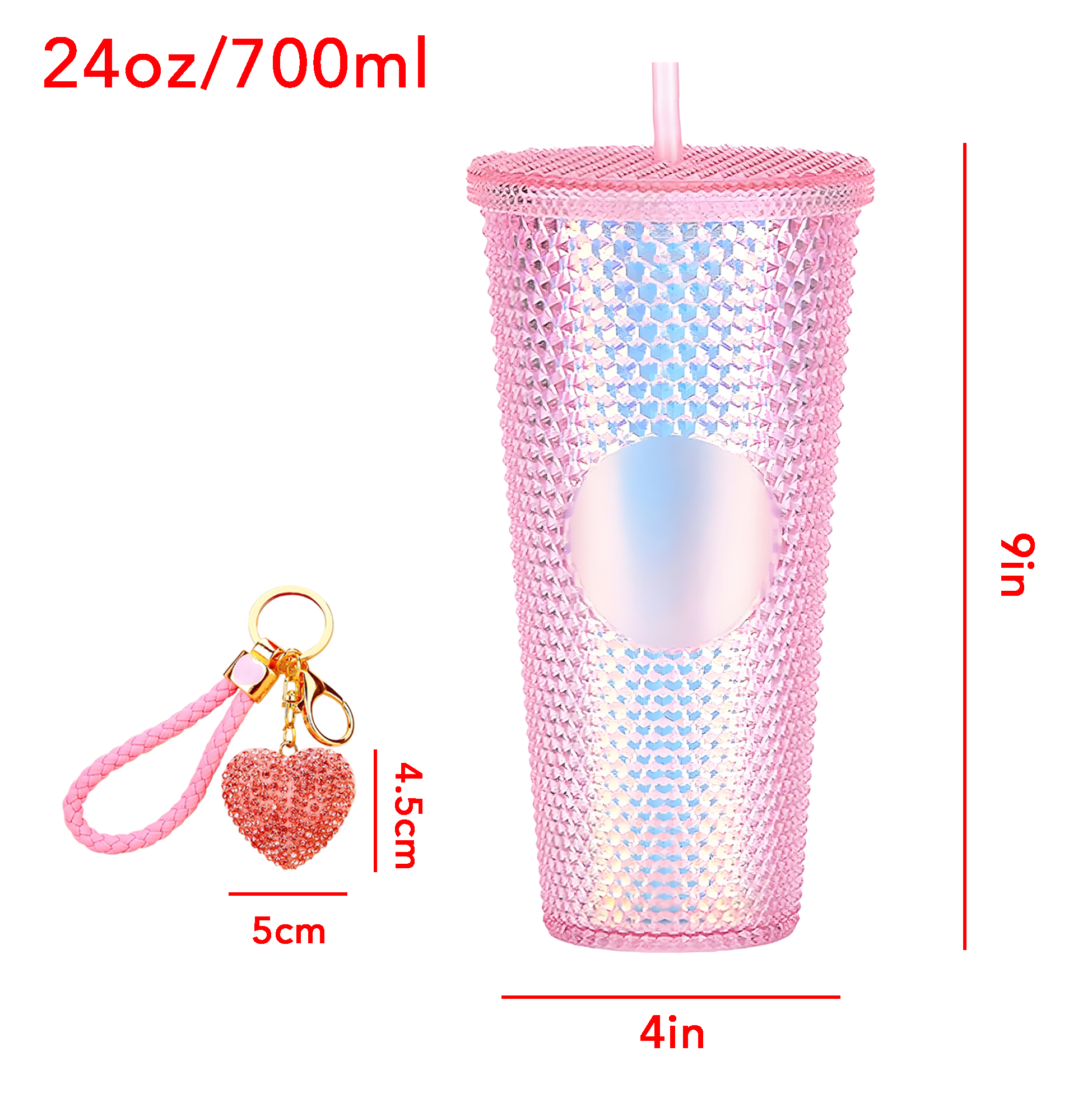 Rhinestone Studded Pink Tumbler Set with Heart Keychain