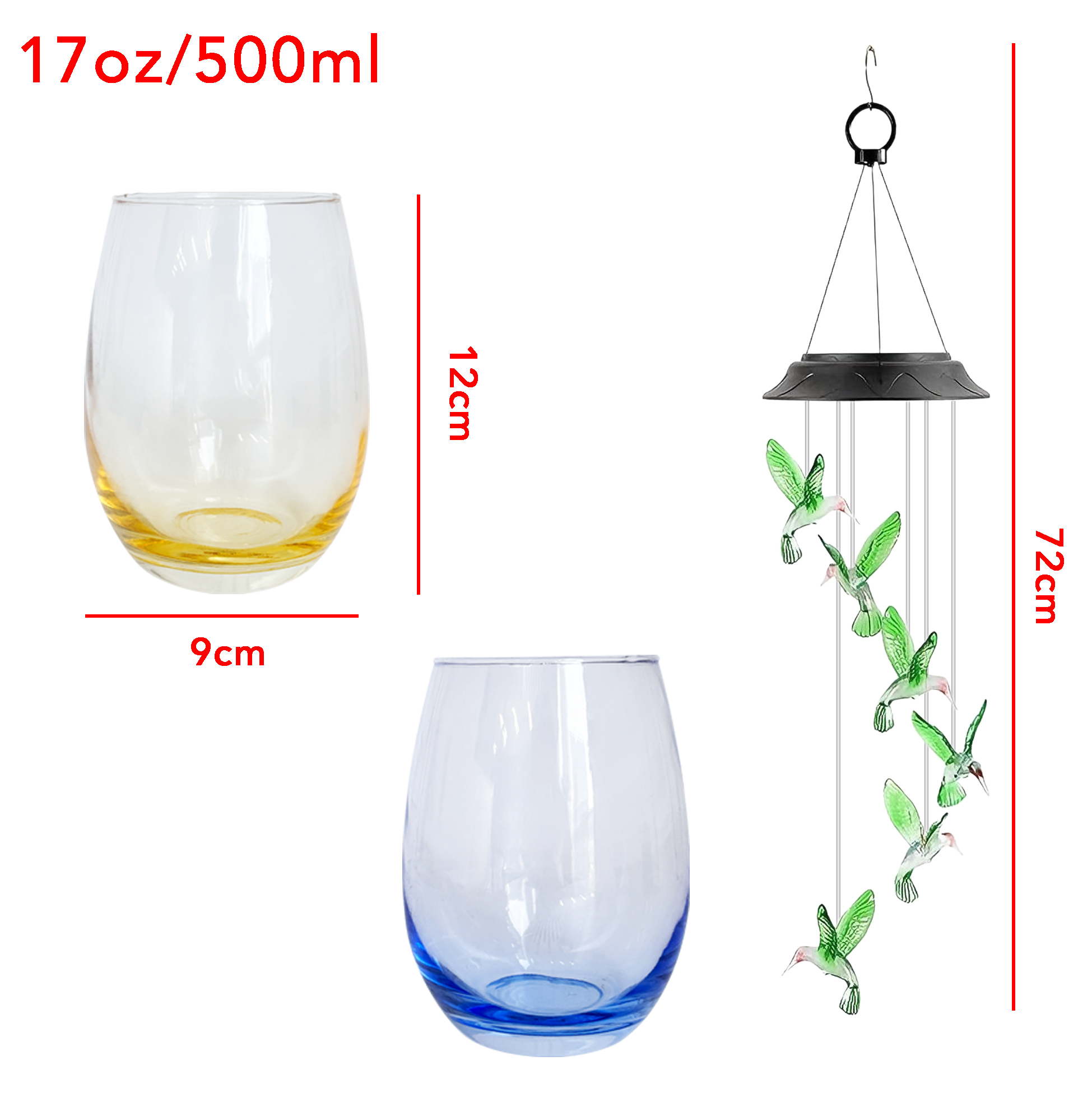 Hummingbird Wind Chime & Color Tinted Wine Glass Set