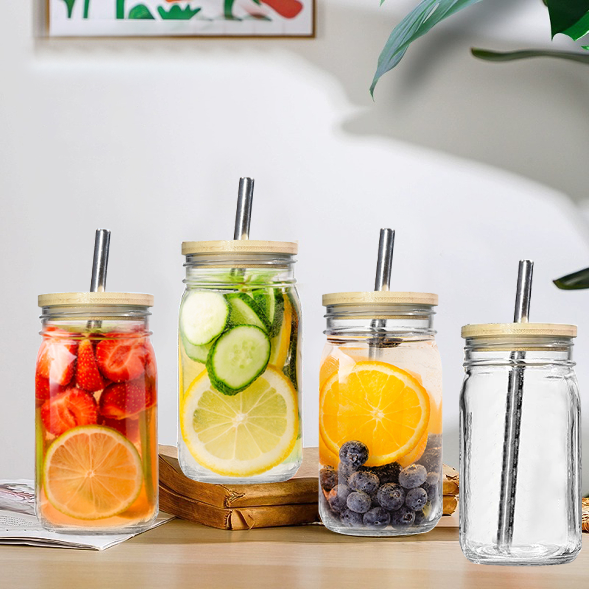 Set of 4 Mason Jar Style Glass SUS Straw with Bamboo & Tin Lids