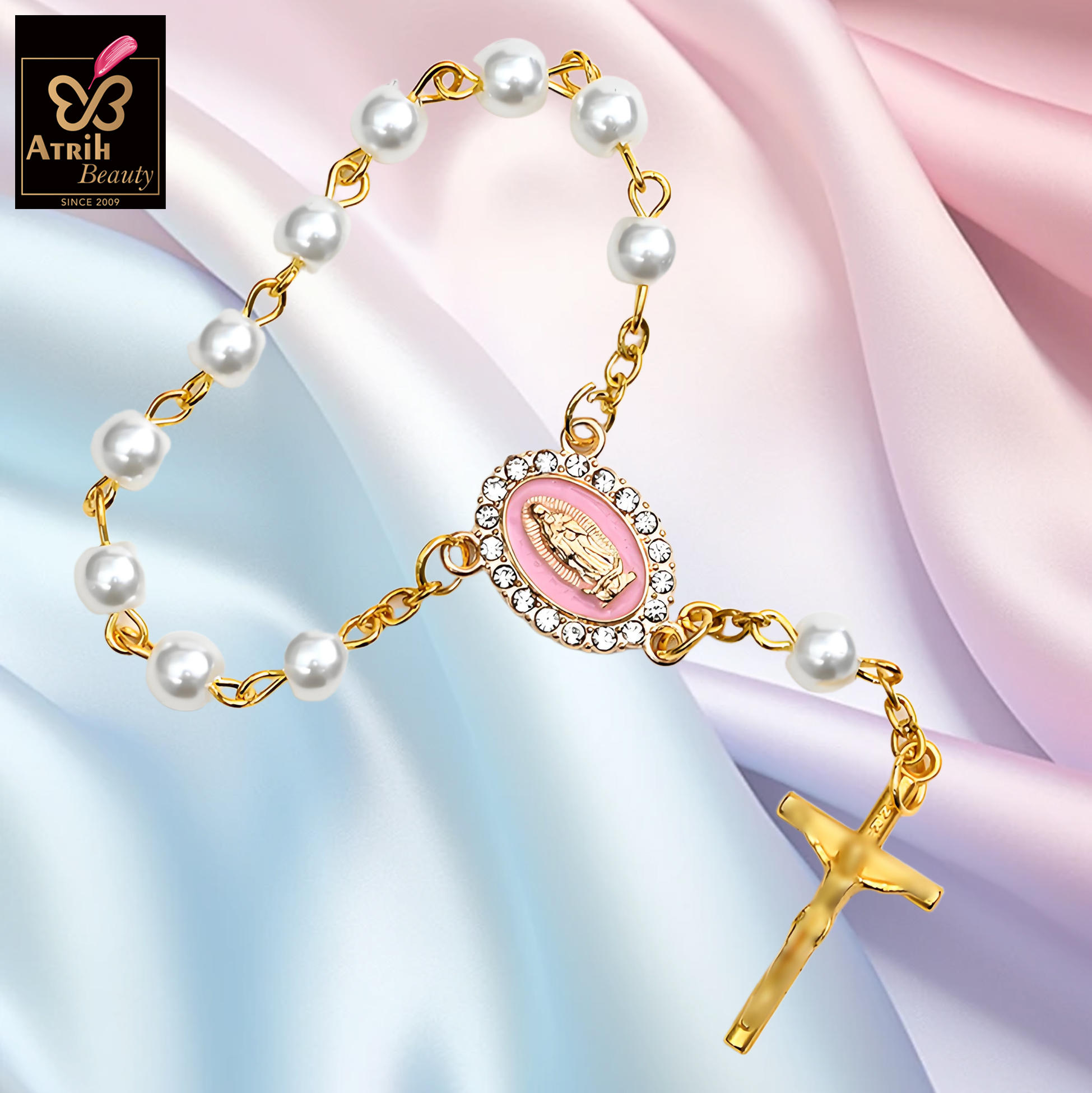 Pearl Beaded Rosary Bracelet with Gold Plated Cross And Saint Medallion