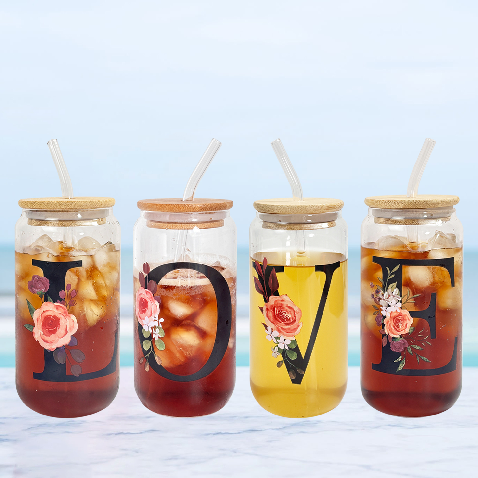 "LOVE" Floral Glass Tumbler Set with Bamboo Lids & Straws