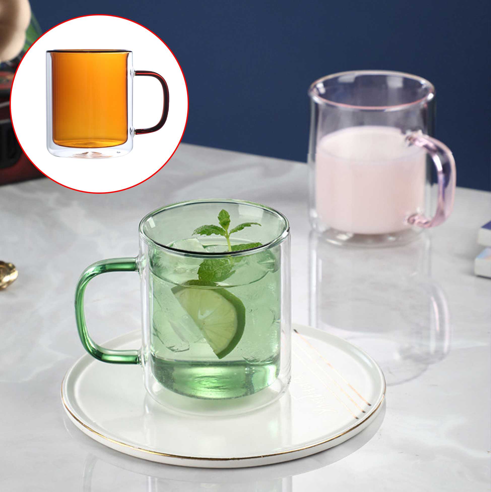 250ml/350ml Double Walled Colored Glass Mug with Handle