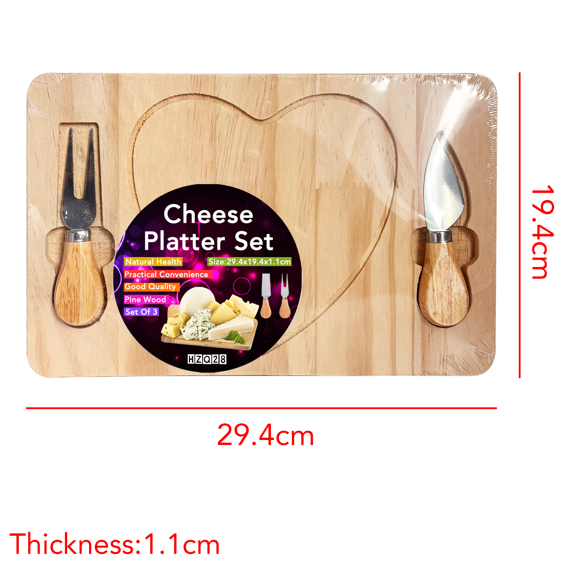 Heart Shaped Wooden Cheese Board Set with 2 Tools