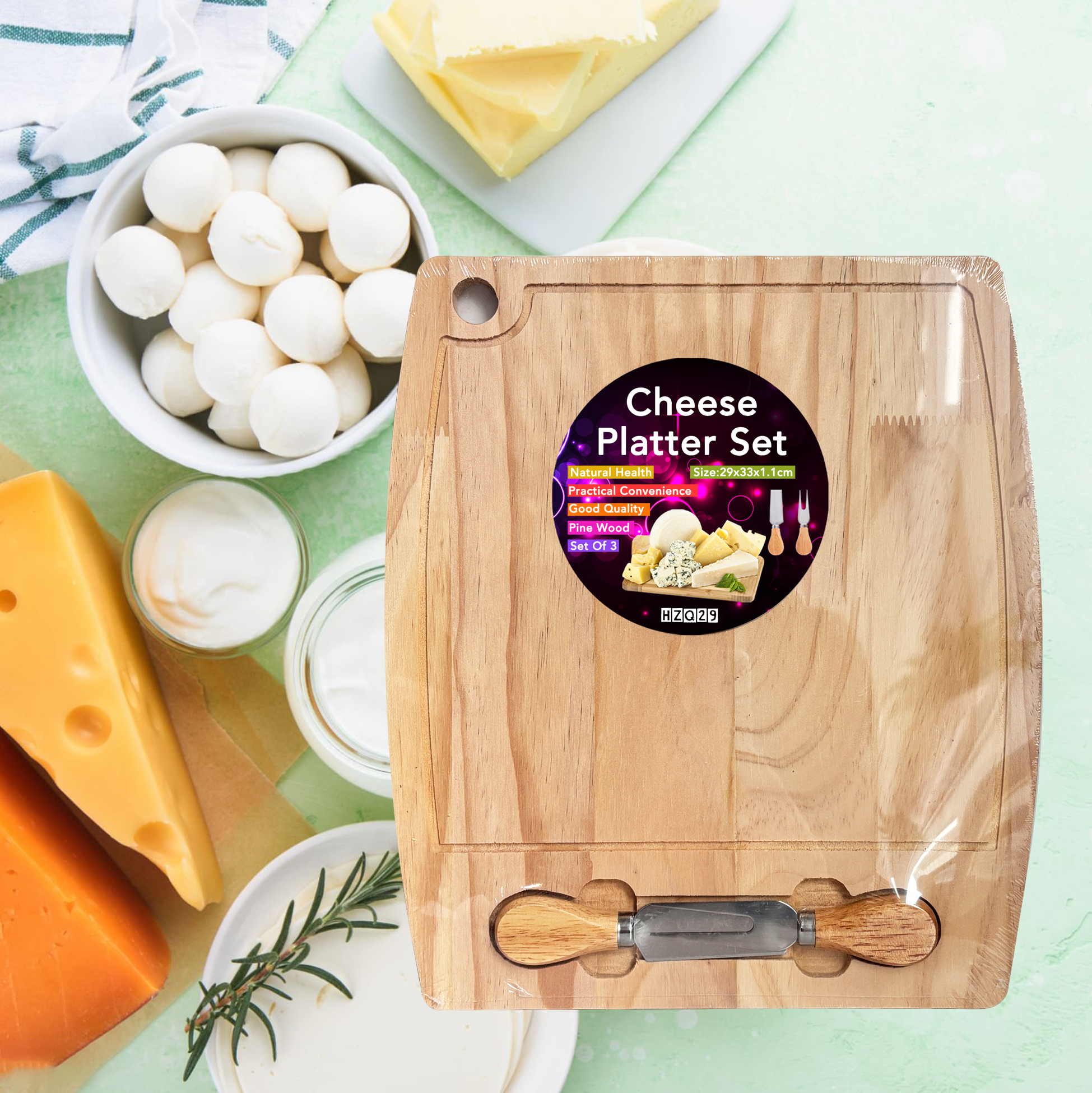 Wooden Cheese Board with Double Handled Tools