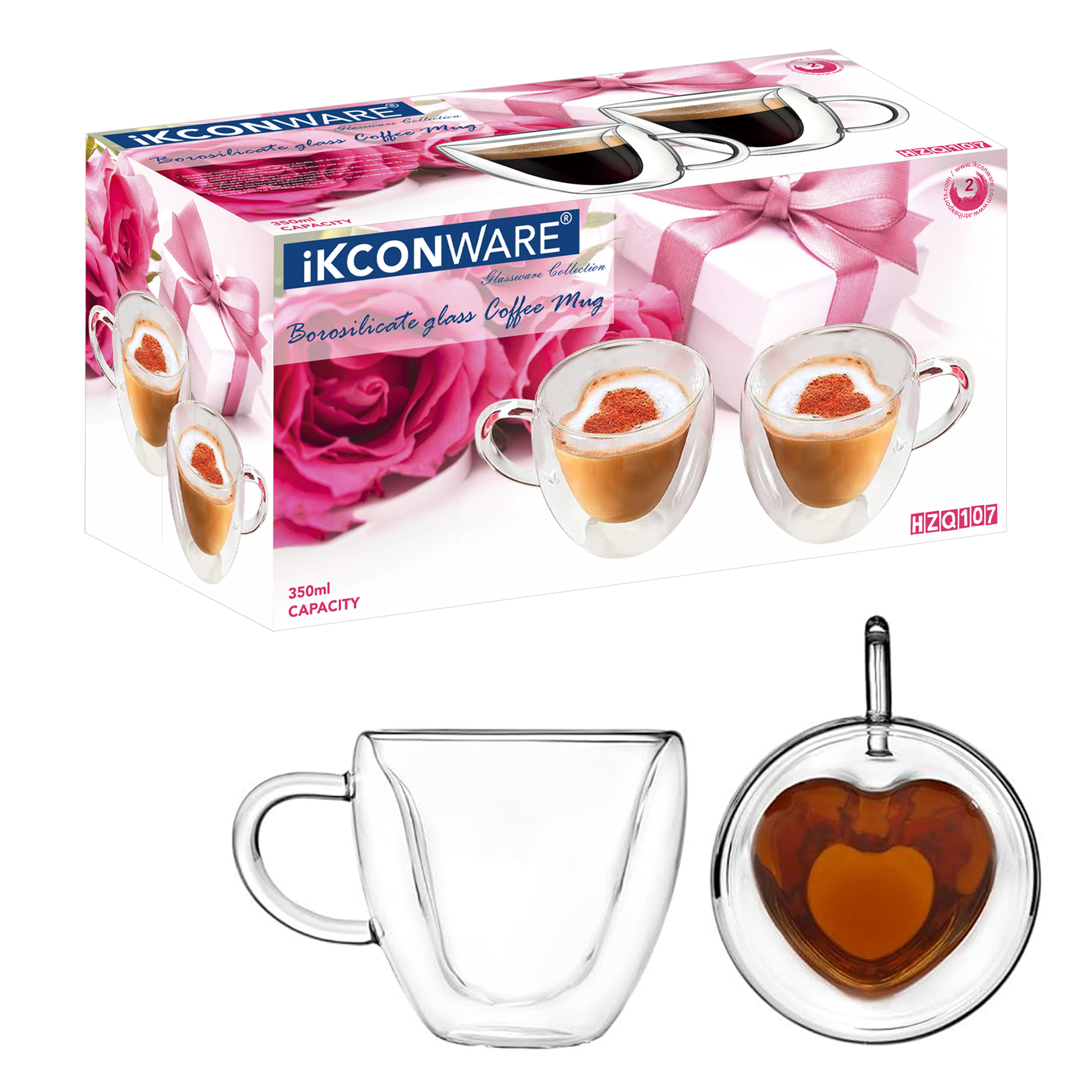 260ml Double-Wall Heart-themed Glass Coffee Mugs
