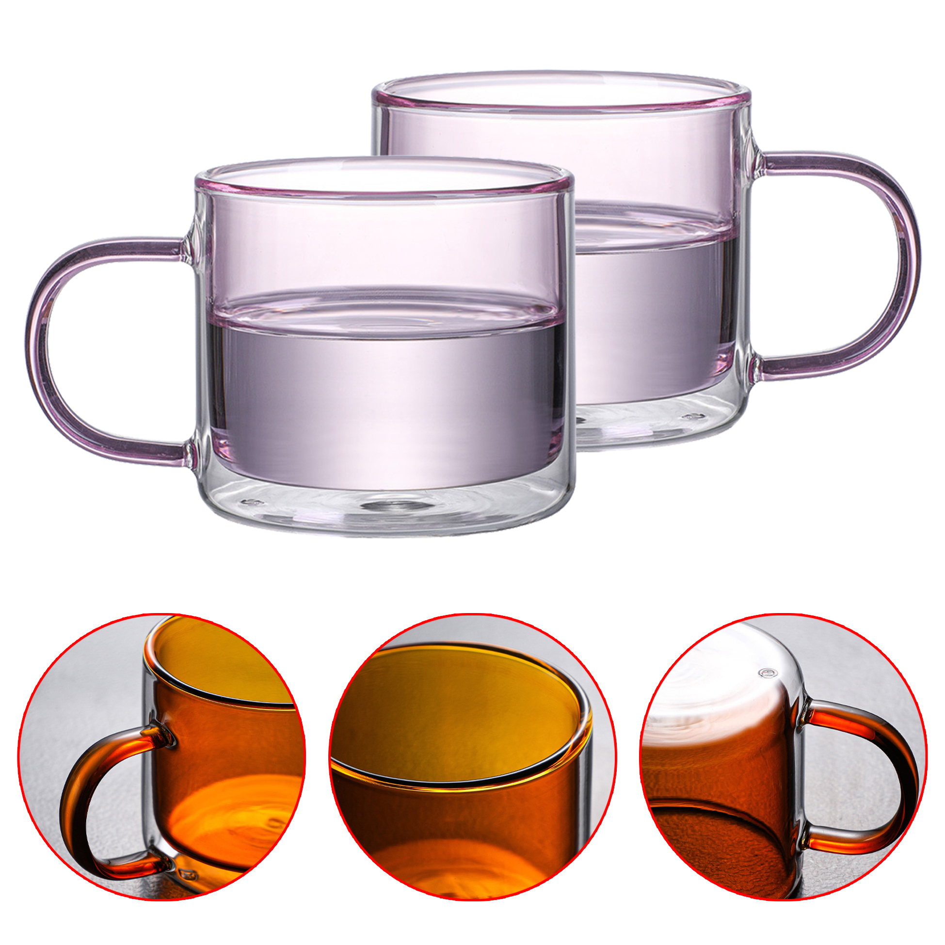200ml Double Walled Pink tinted Glass Mug with Handle