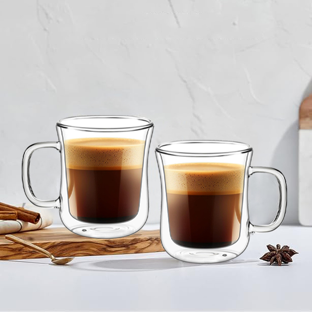 230ml/350ml/450ml Double Walled Glass Coffee Mug with Handle