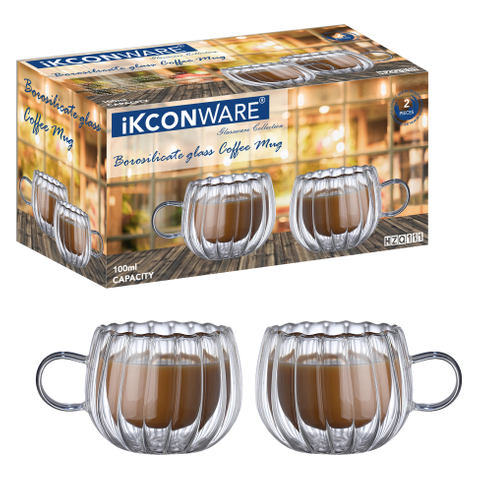 100ml Double Walled Ribbed Glass Coffee Mug with Handle