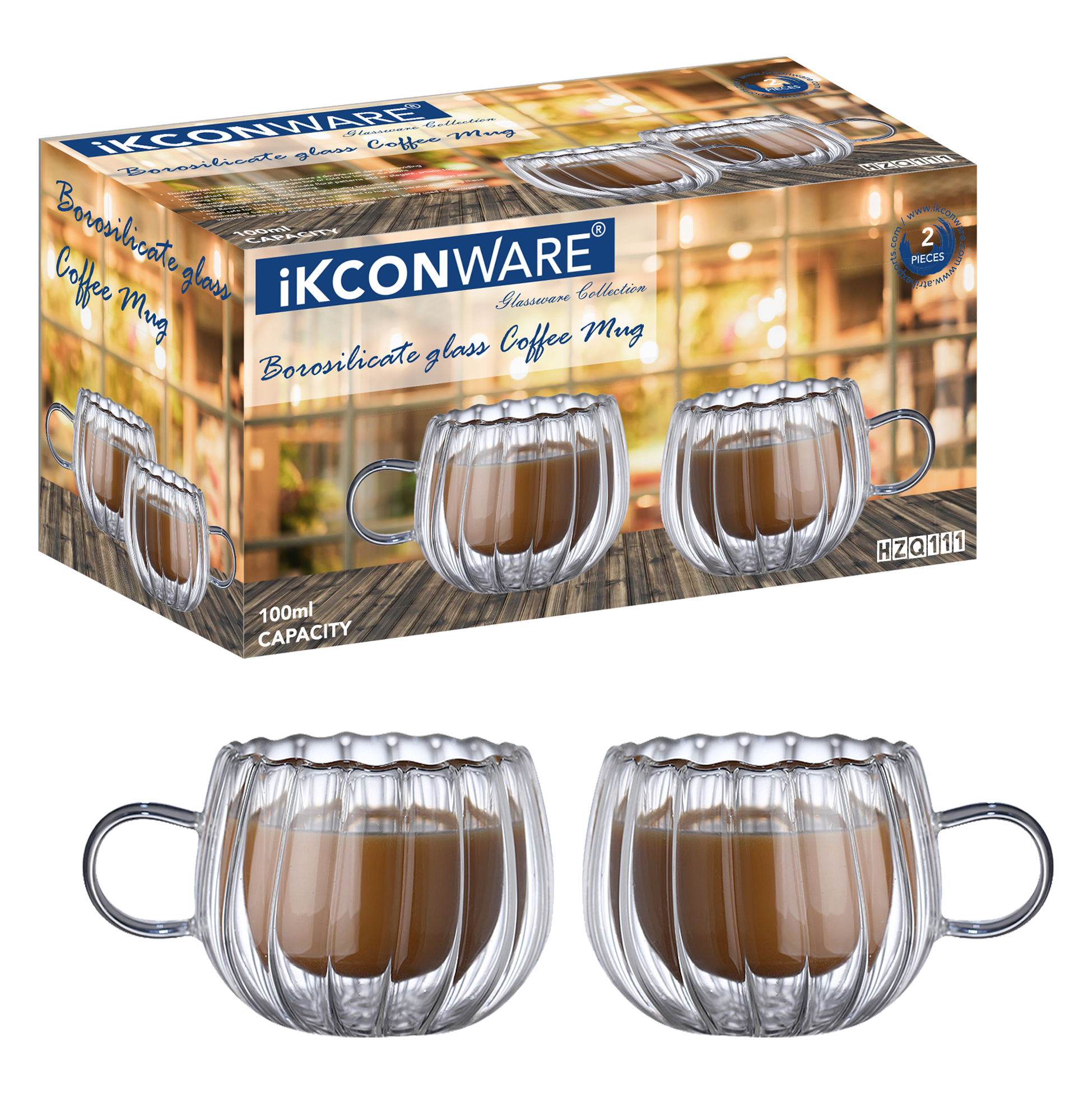 100ml Double Walled Ribbed Glass Coffee Mug with Handle