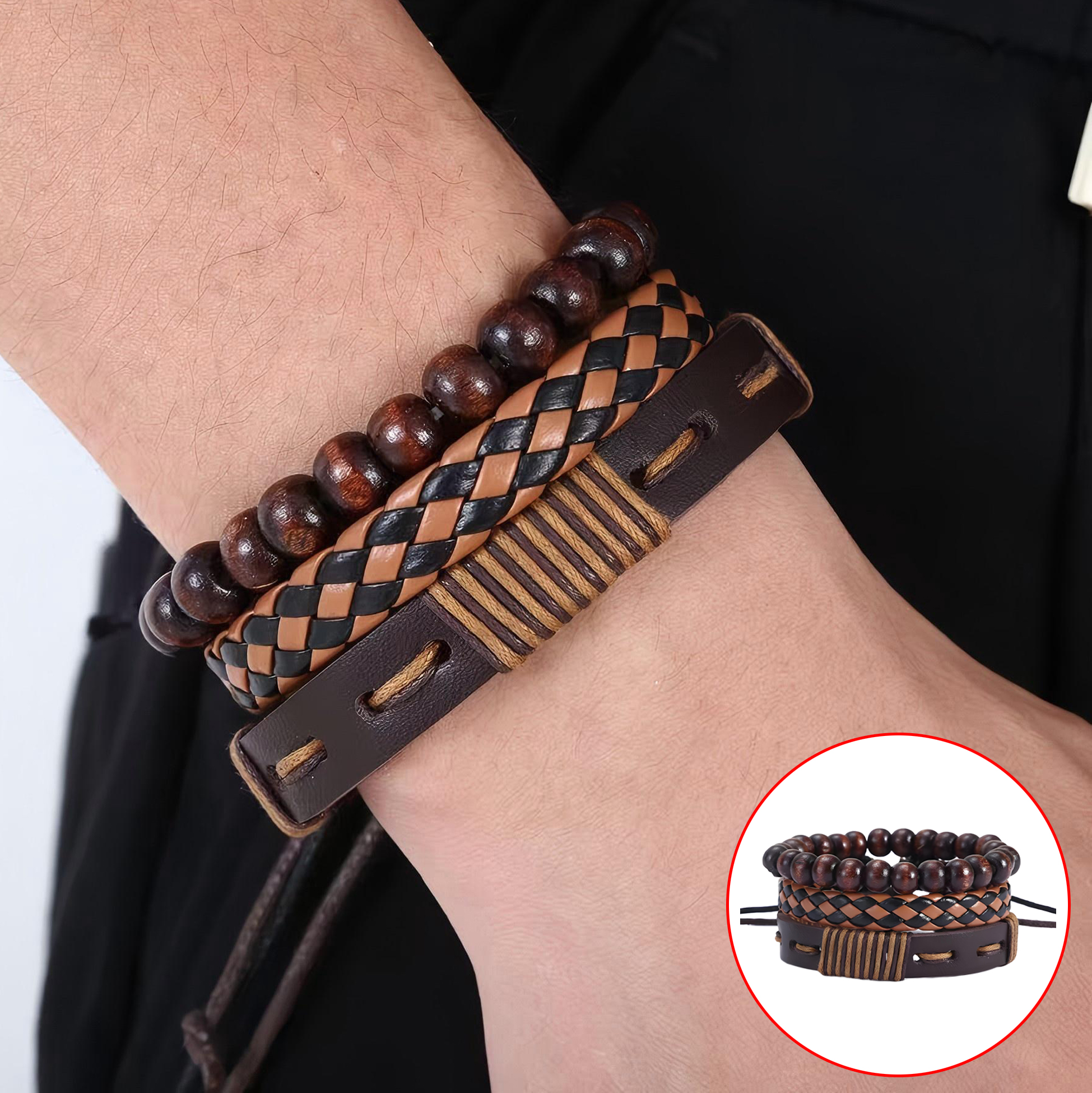 PU & Wood Bead Bracelet Set
