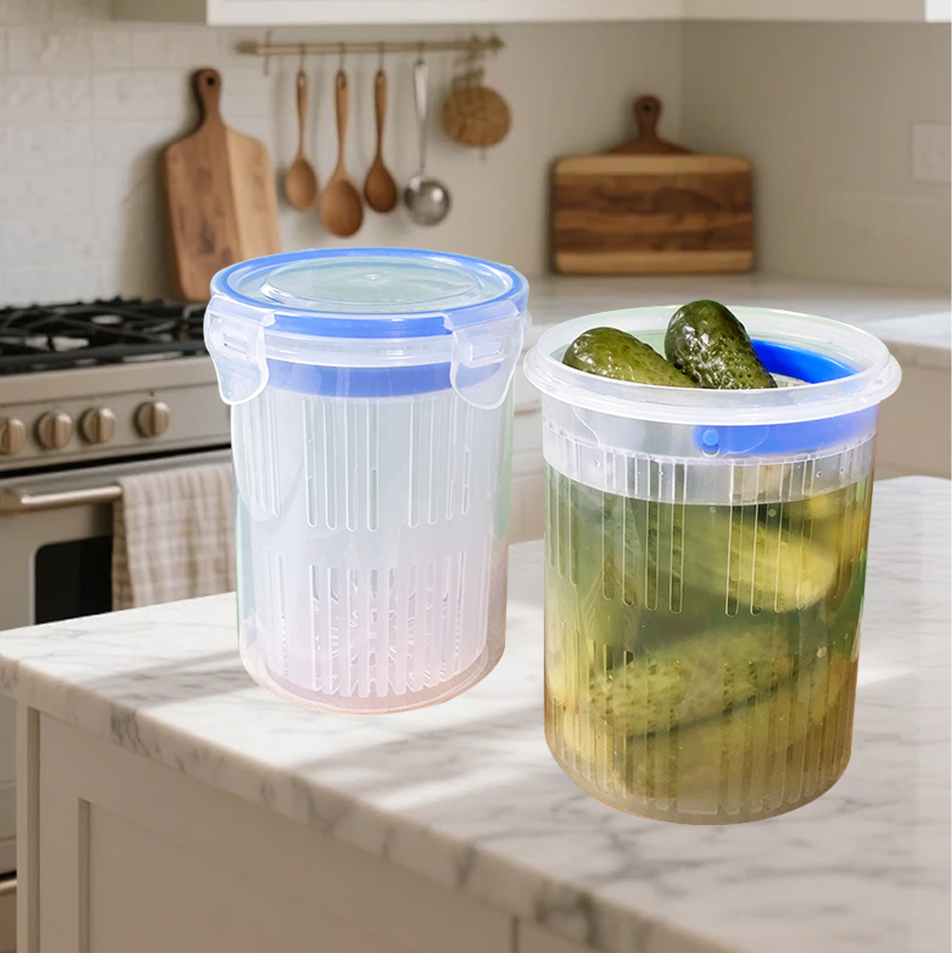 Dual-layer Plastic Pickling Jar Airtight Food Storage Container with Strainer