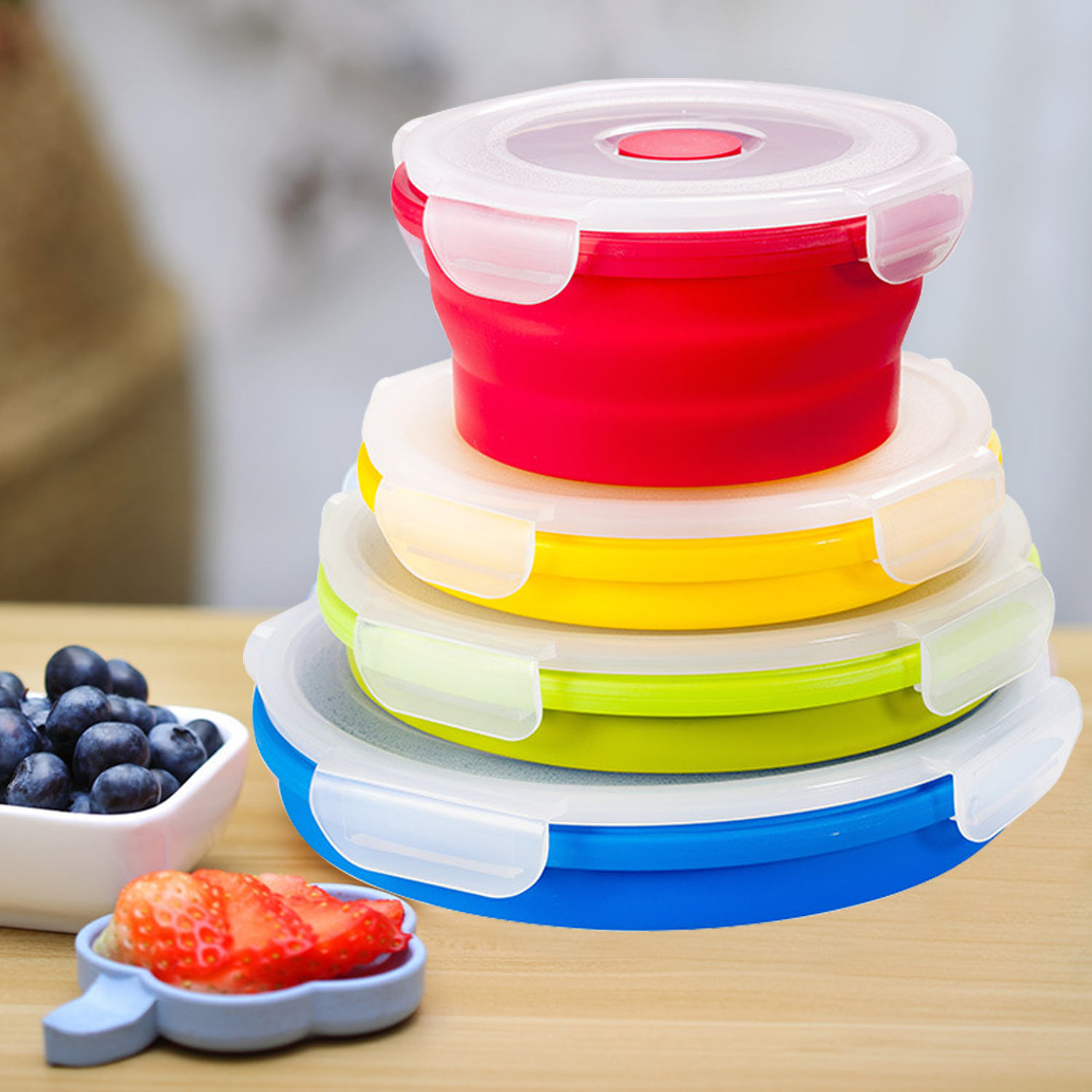 Silicone Folding Lunch Box with Lid 350ML/500ML/800ML/1200ML 4-piece Set Round Silicone Portable Folding Lunch Box
