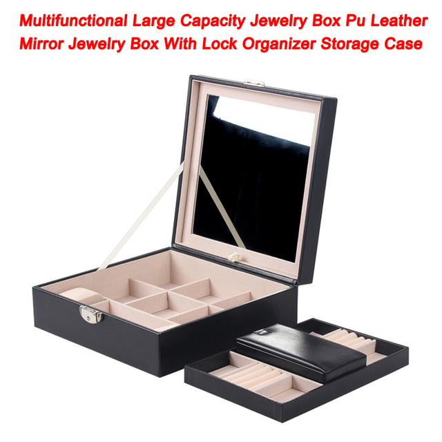 Multifunctional Large Capacity Jewellery Box PU Leather Mirror Jewellery Box With Lock Organizer Storage Case