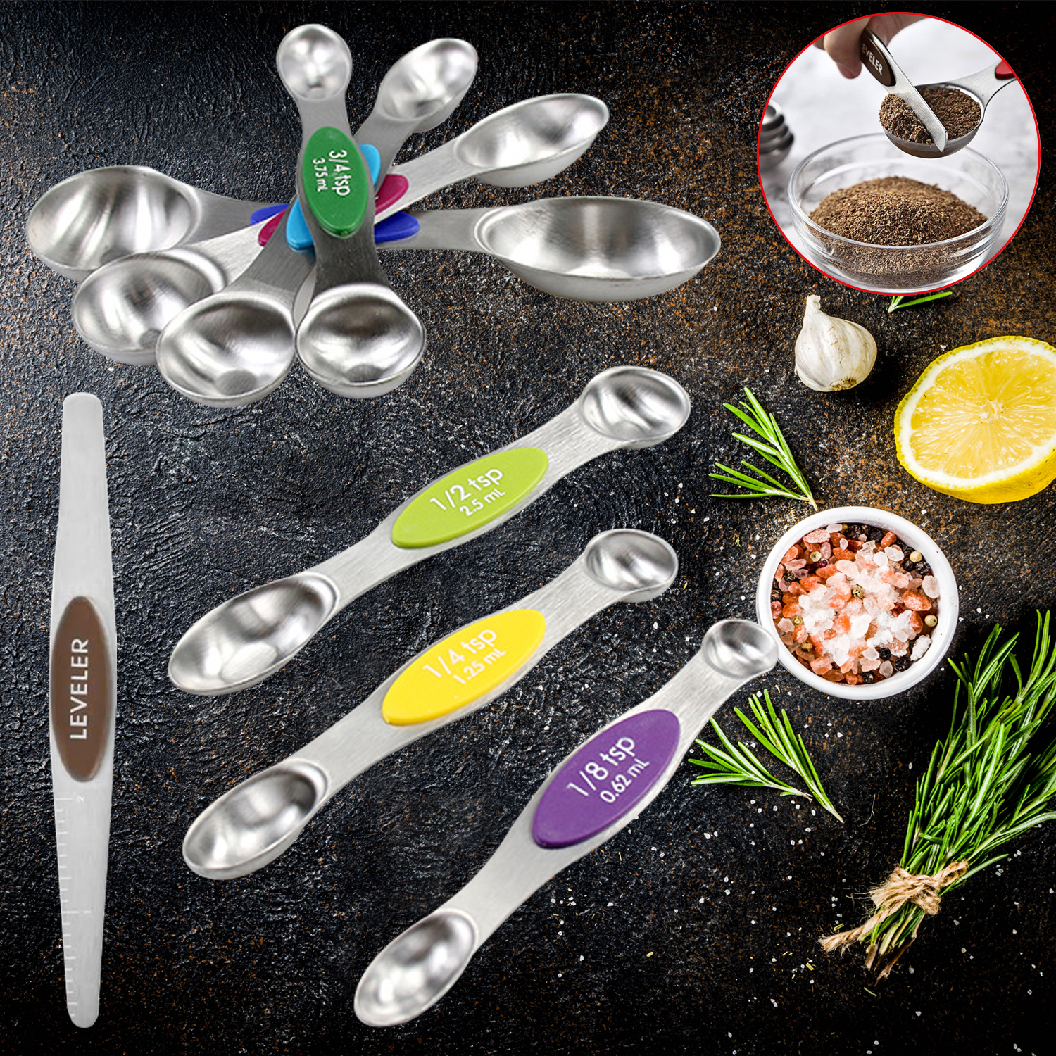 8 PCS Stainless Steel Double Headed Measuring Spoon Leveler Set For Baking With Magnetic Multicolor