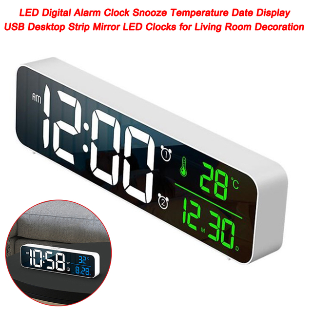 LED Digital Alarm Clock Snooze Temperature Date Display USB Desktop Strip Mirror LED Clocks for Living Room Decoration