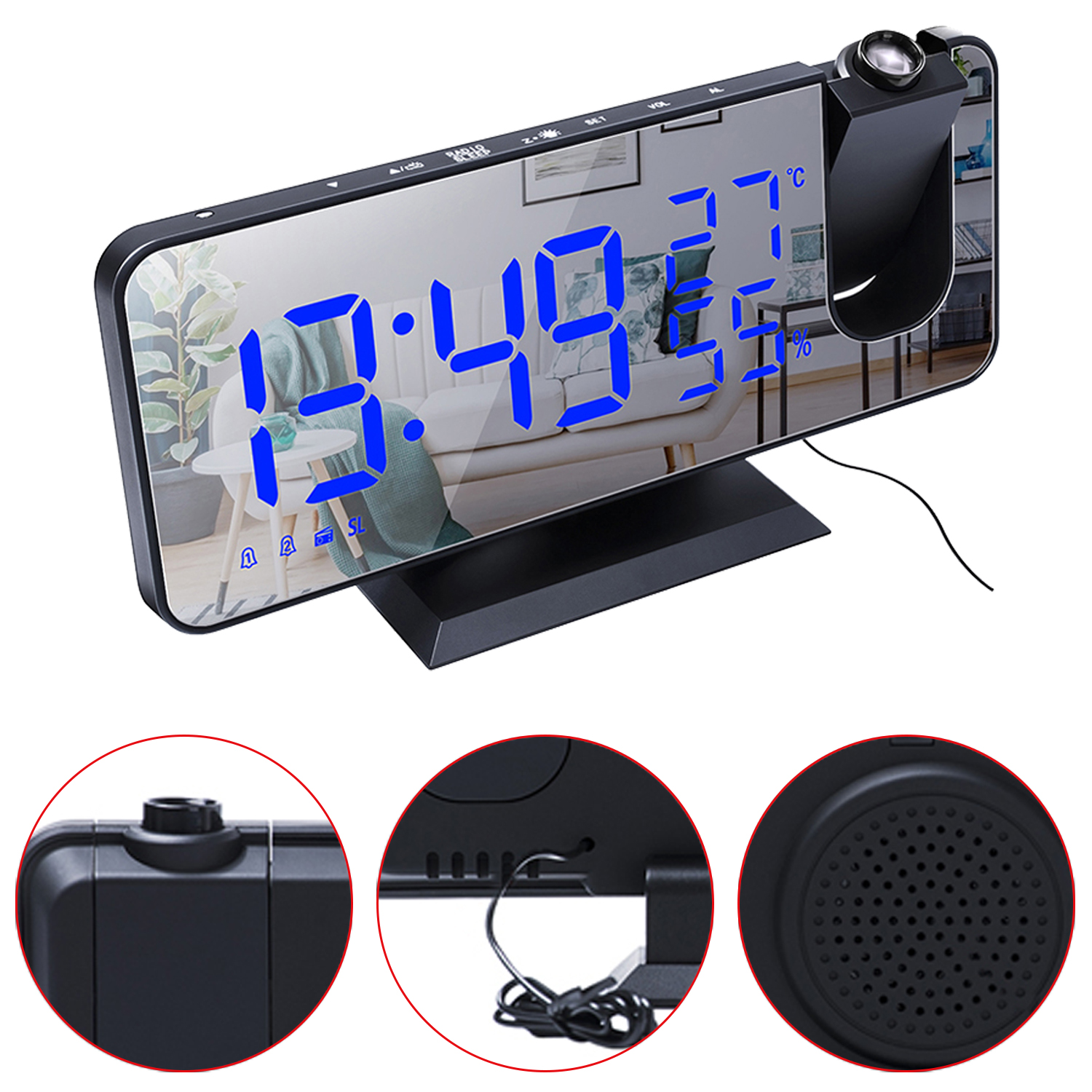 LED Digital Alarm Clock Table Watch Electronic Desktop Clocks USB Wake Up FM Radio Snooze Function Time Projector 
