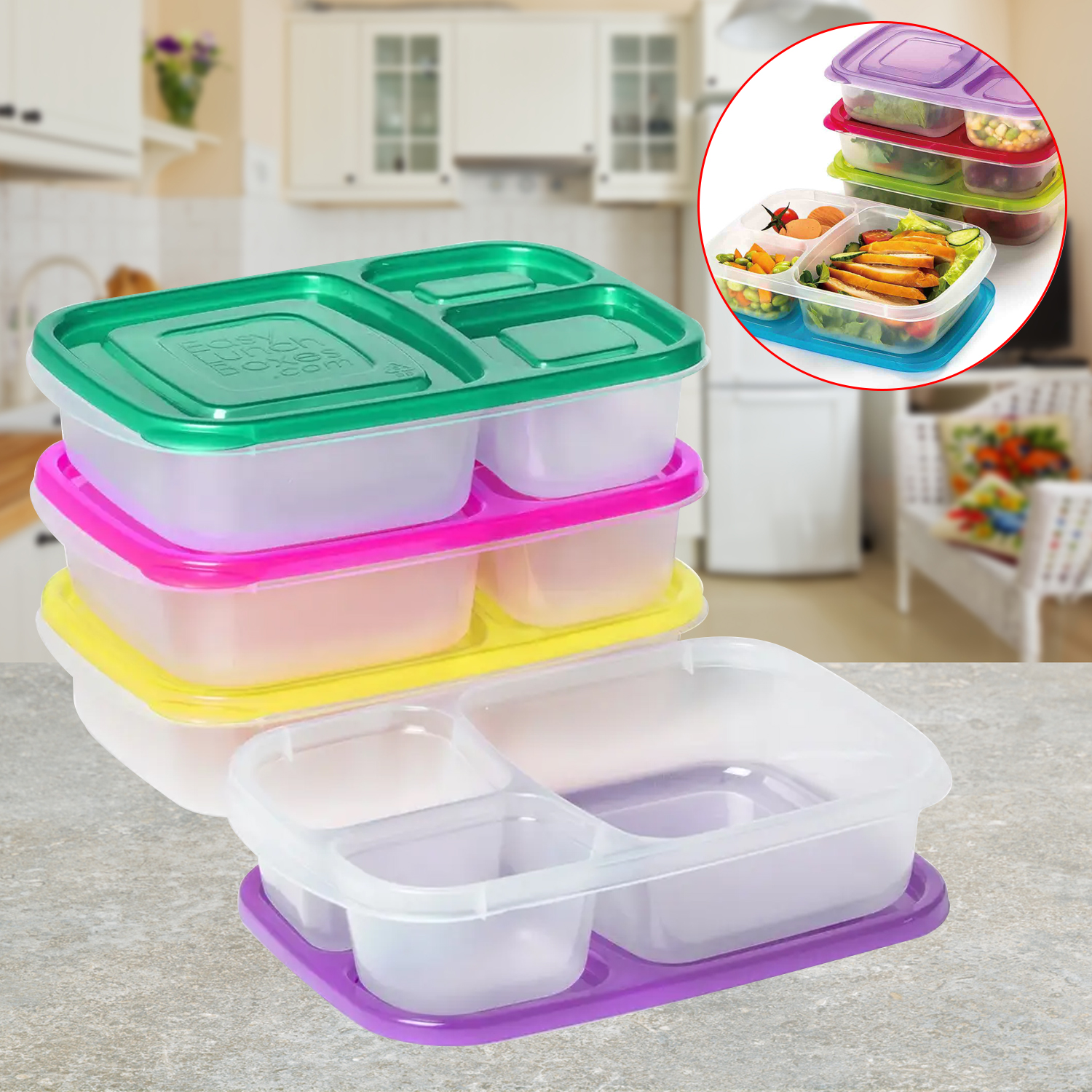 Multi Color Plastic Three Compartment Lunch Box Food Lunch Box Microwave Picnic Food Container Storage Box