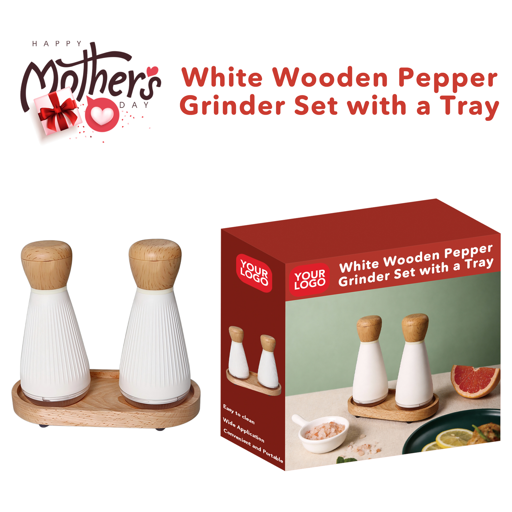 Mother's Day Gifts White Wooden Pepper Grinder Set