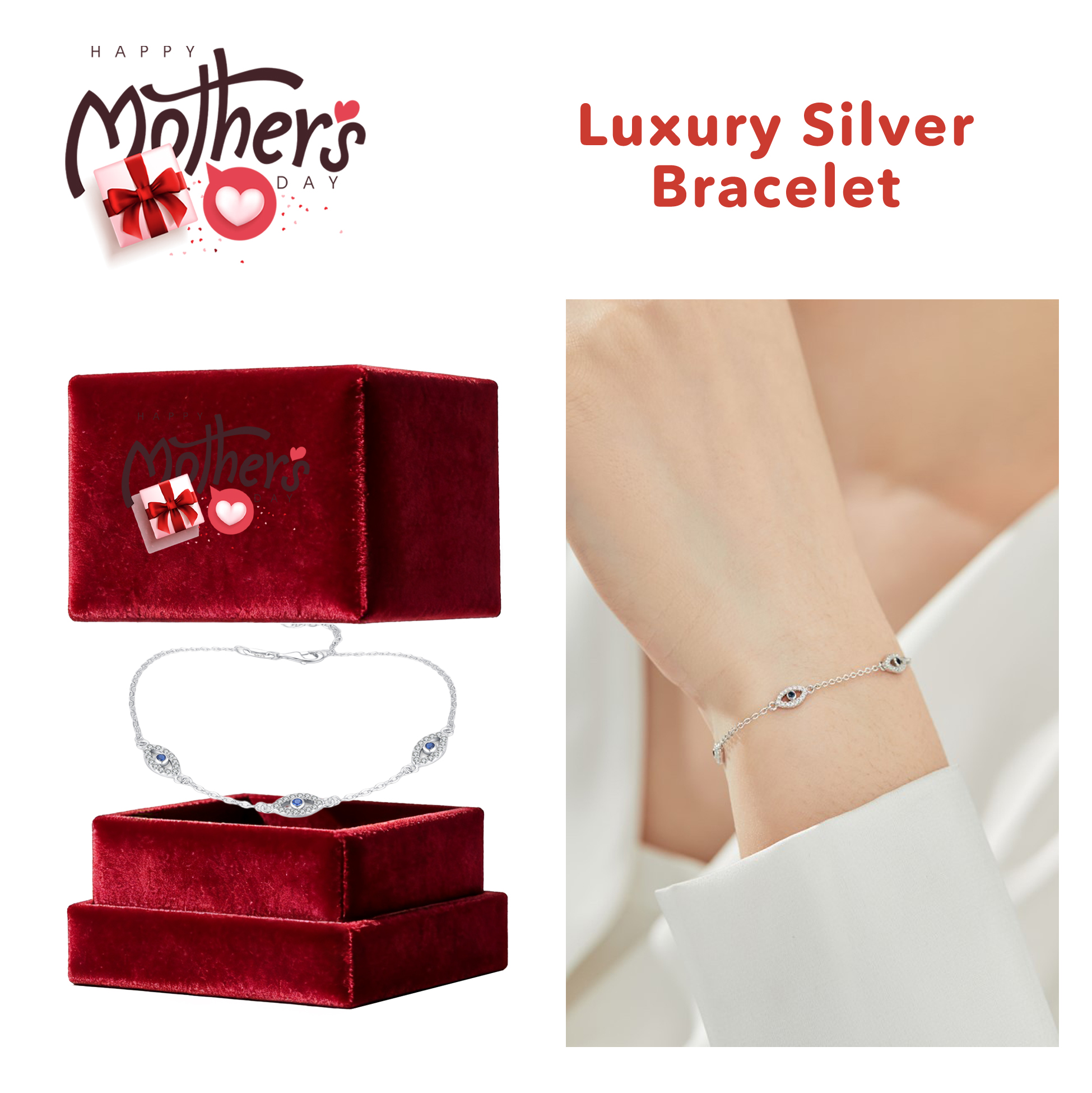 Mother's Day Evil Eye Silver Bracelet Adjustable Silver Evil Eye Bracelet