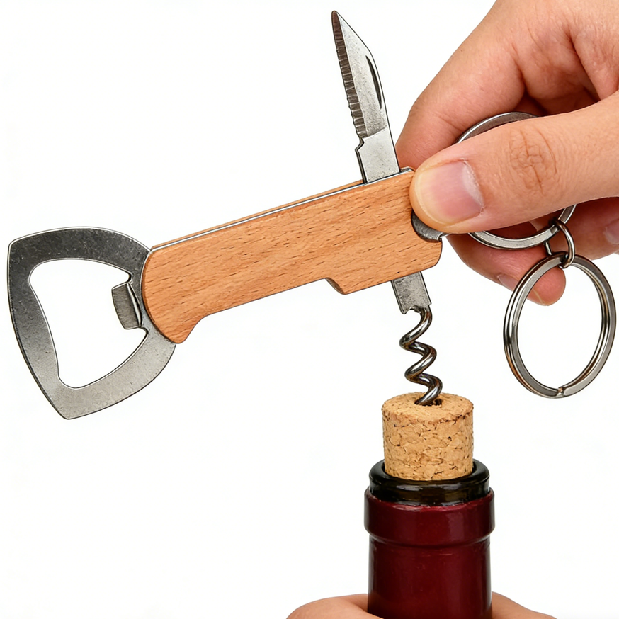 Wood-handle 4-in-1 Multi-tool Keychain