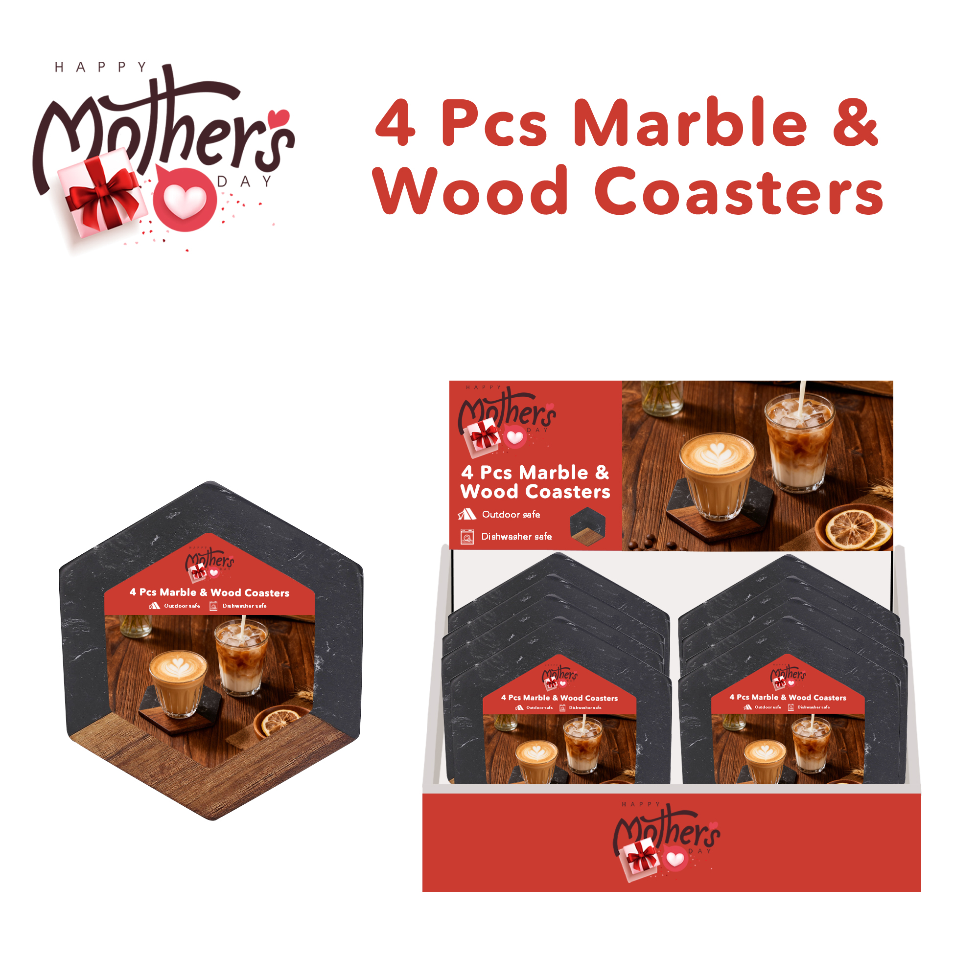 4-pcs Black Marble & Wood Hexagonal Coasters