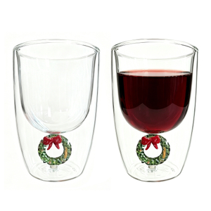 Set of 2 300ml Christmas Wreath Double Wall Glass Cup