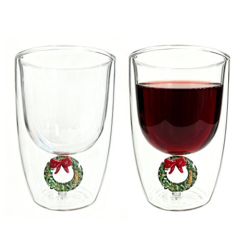 Set of 2 300ml Christmas Wreath Double Wall Glass Cup