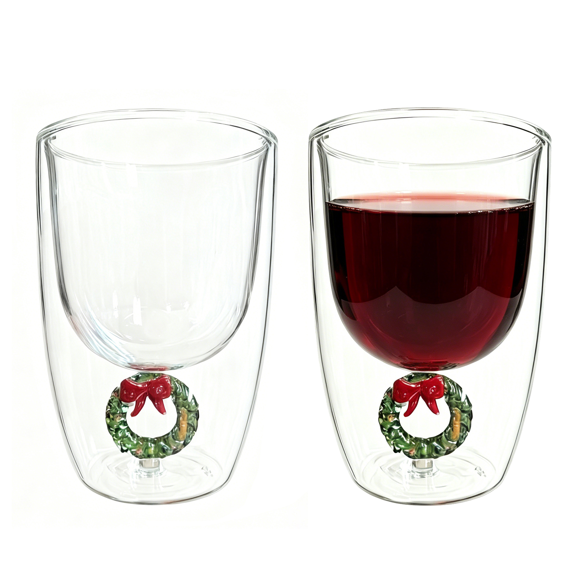 Set of 2 300ml Christmas Wreath Double Wall Glass Cup